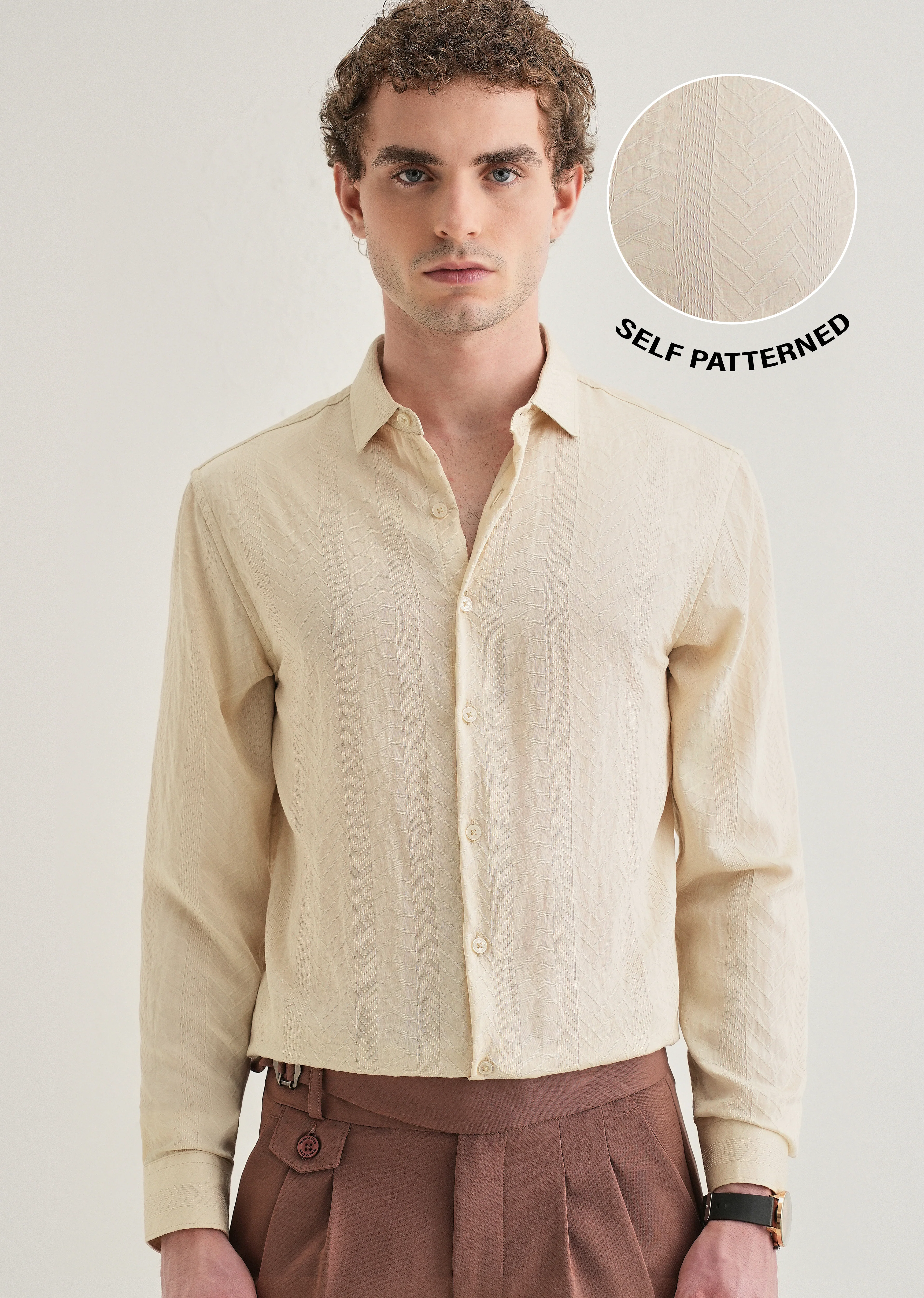 Cream Self Patterned Shirt - Image 7