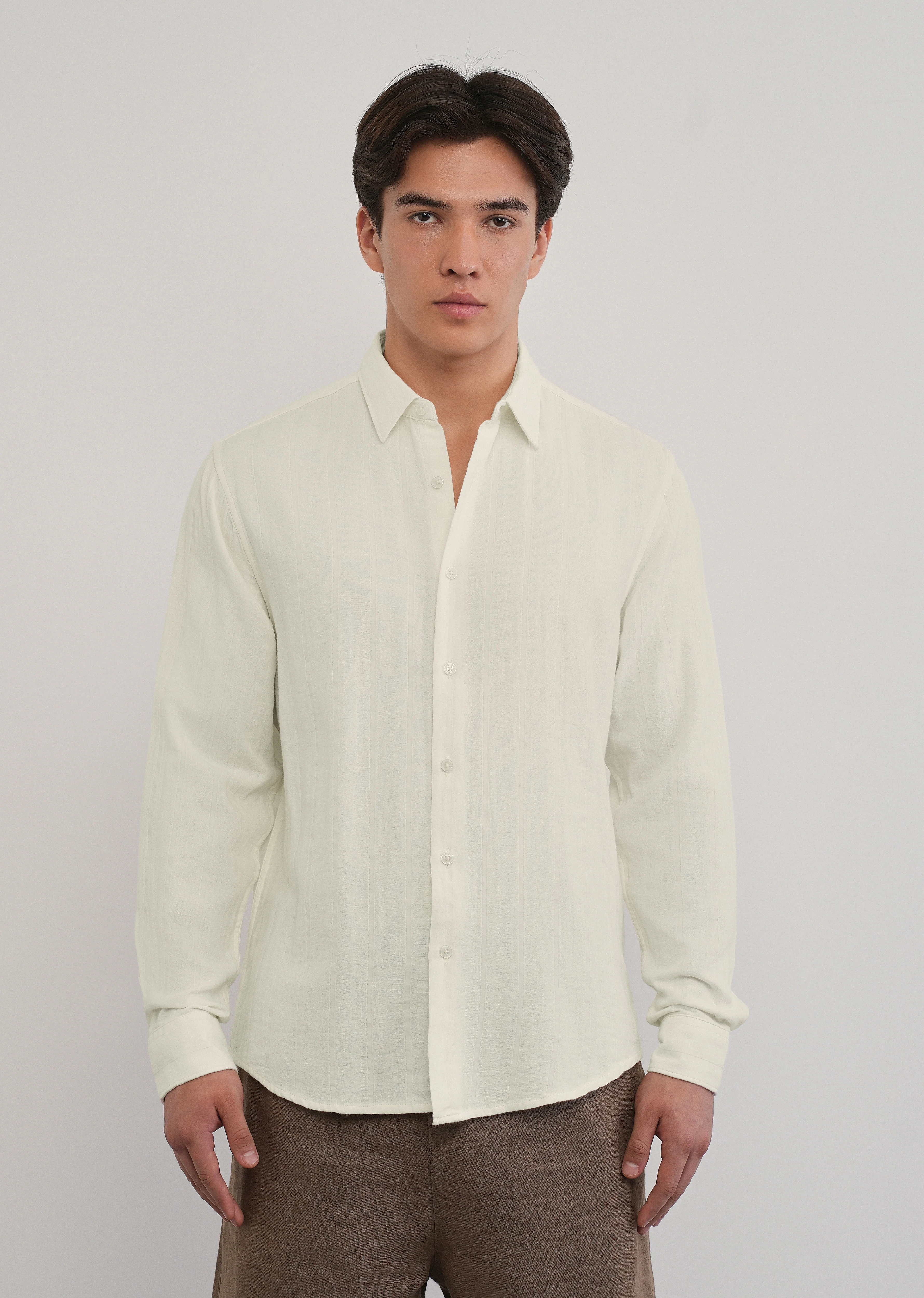 Cream Self Striped Cotton Shirt - Image 3