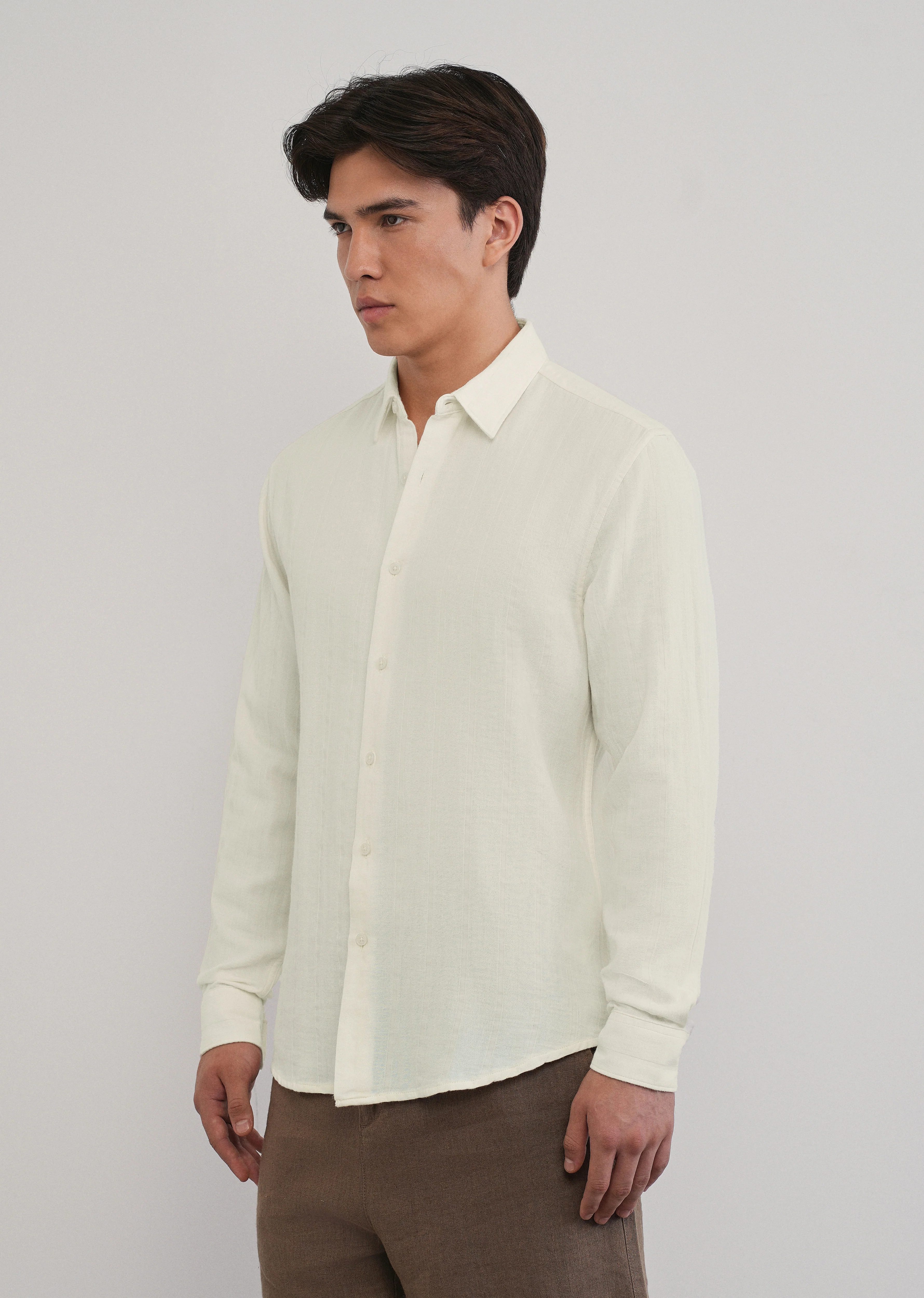 Cream Self Striped Cotton Shirt - Image 4