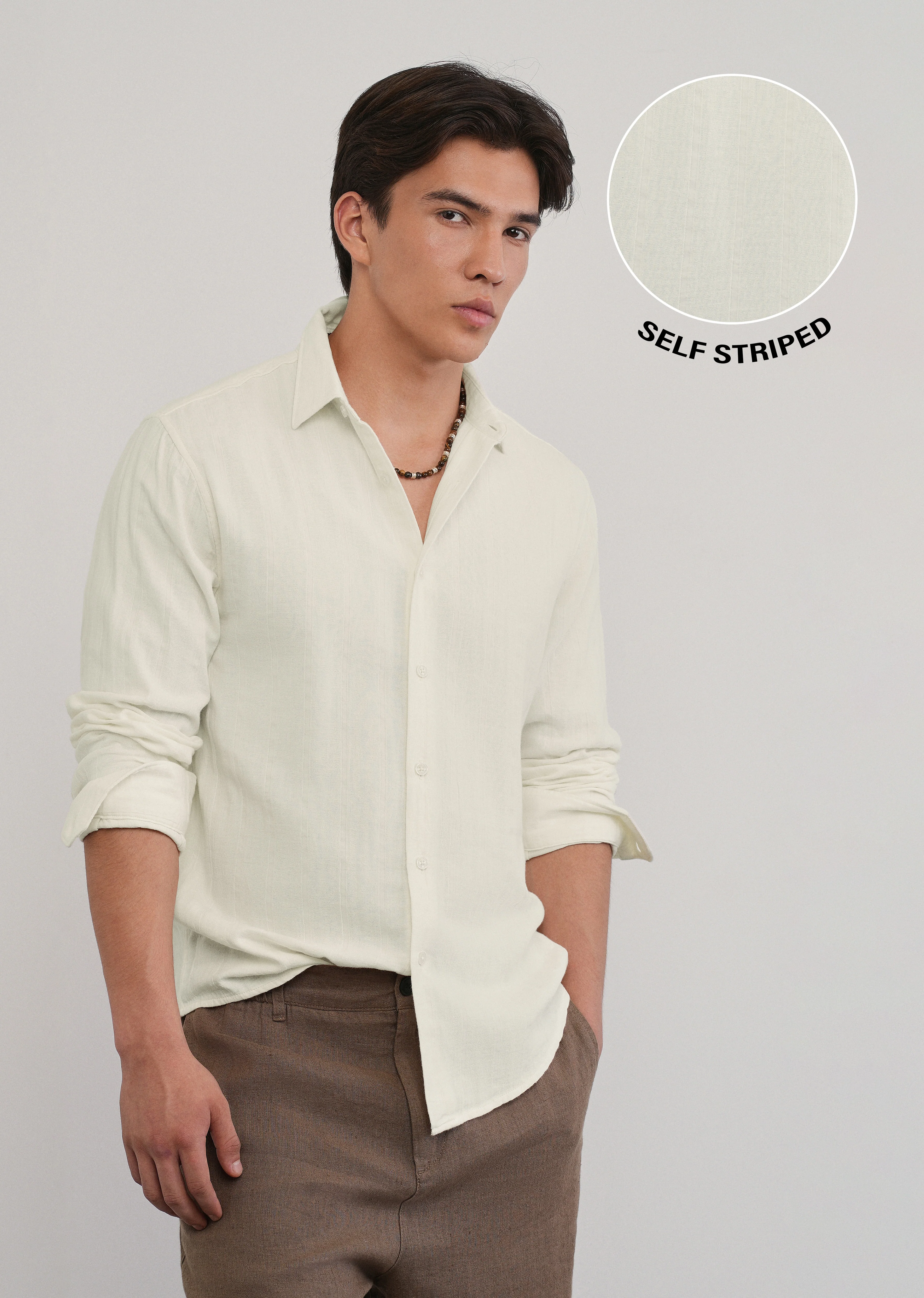 Cream Self Striped Cotton Shirt - Image 7