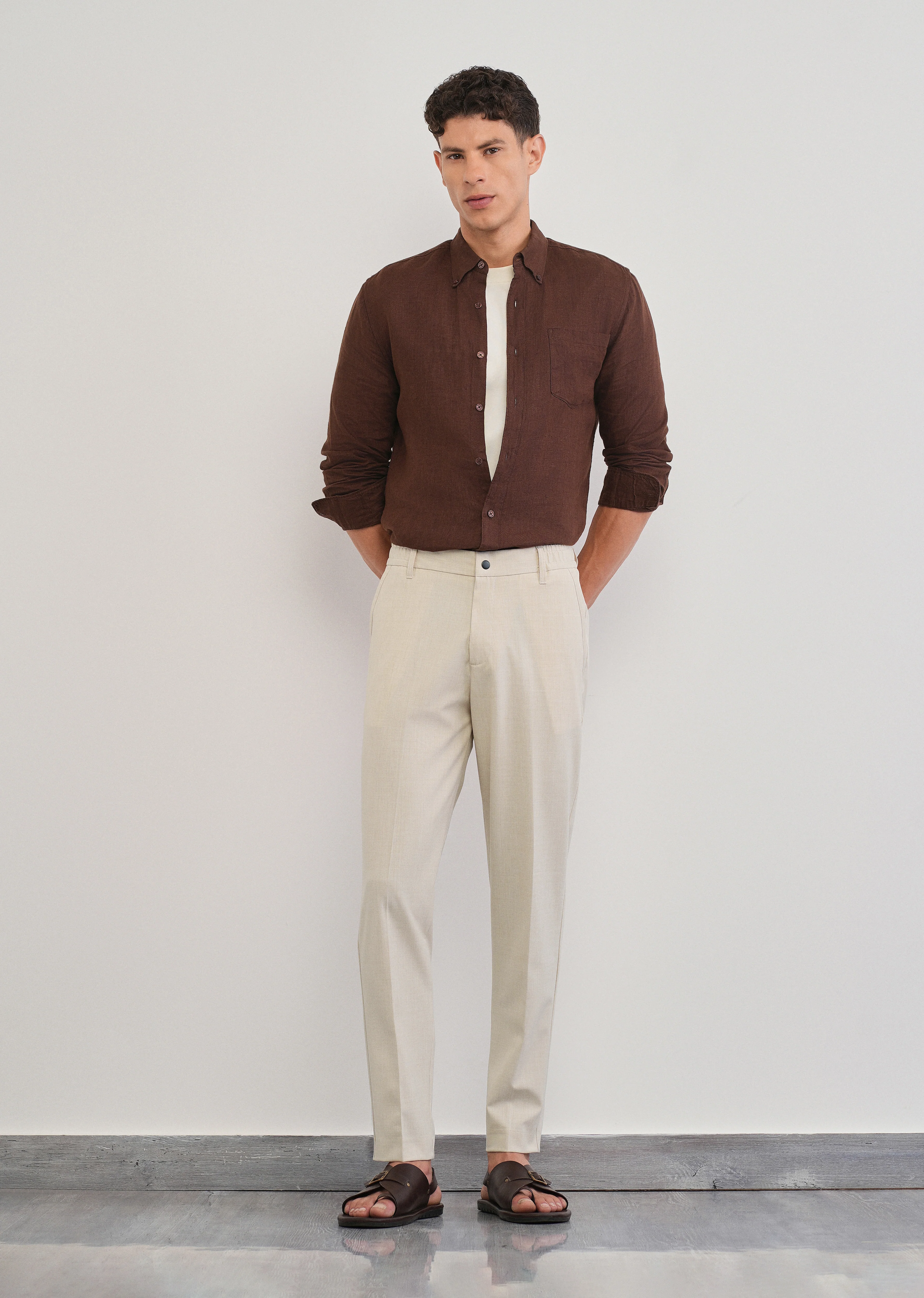 Cream Semi-Elastic Slim Fit Trouser - Image 6