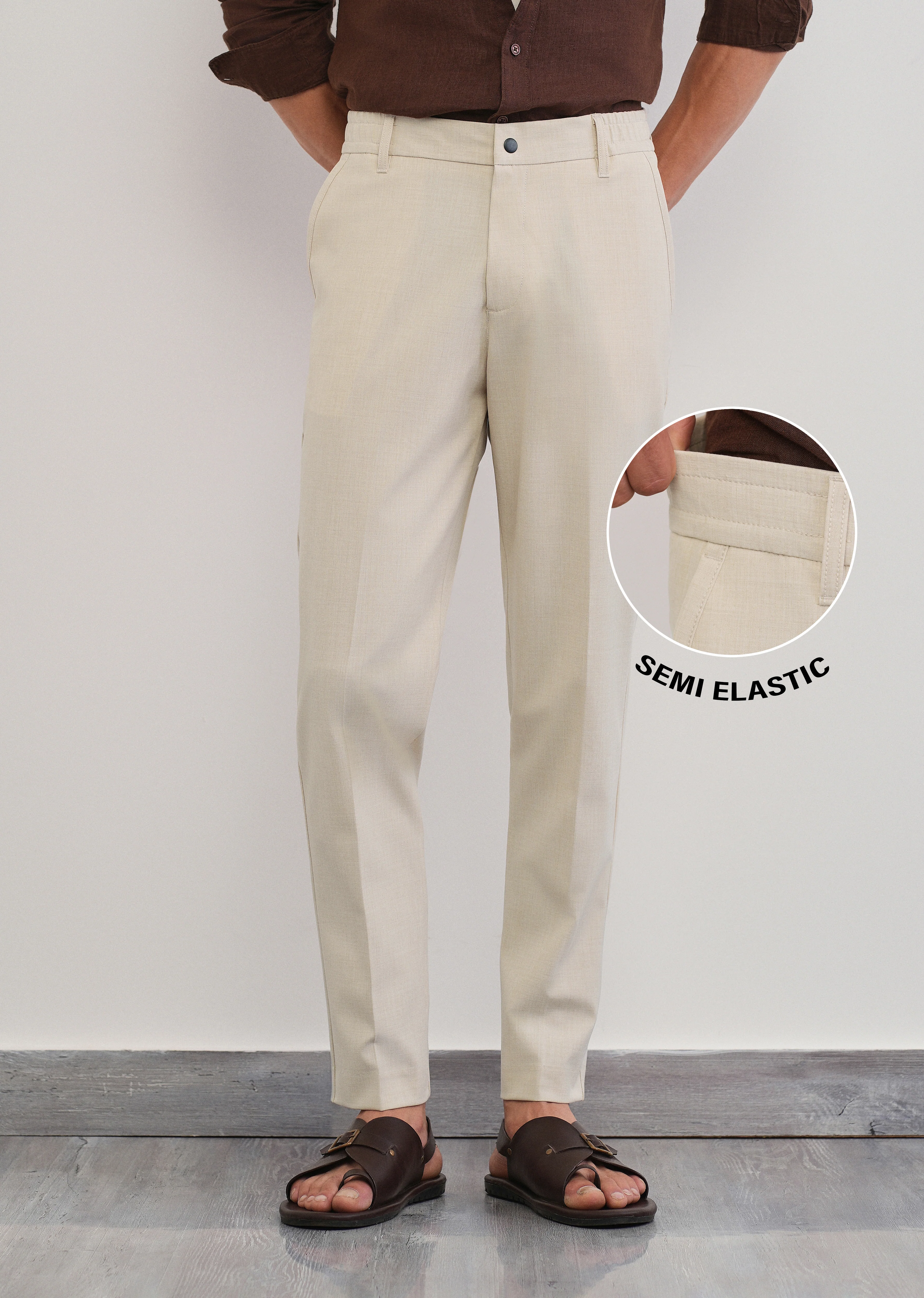 Cream Semi-Elastic Slim Fit Trouser - Image 7