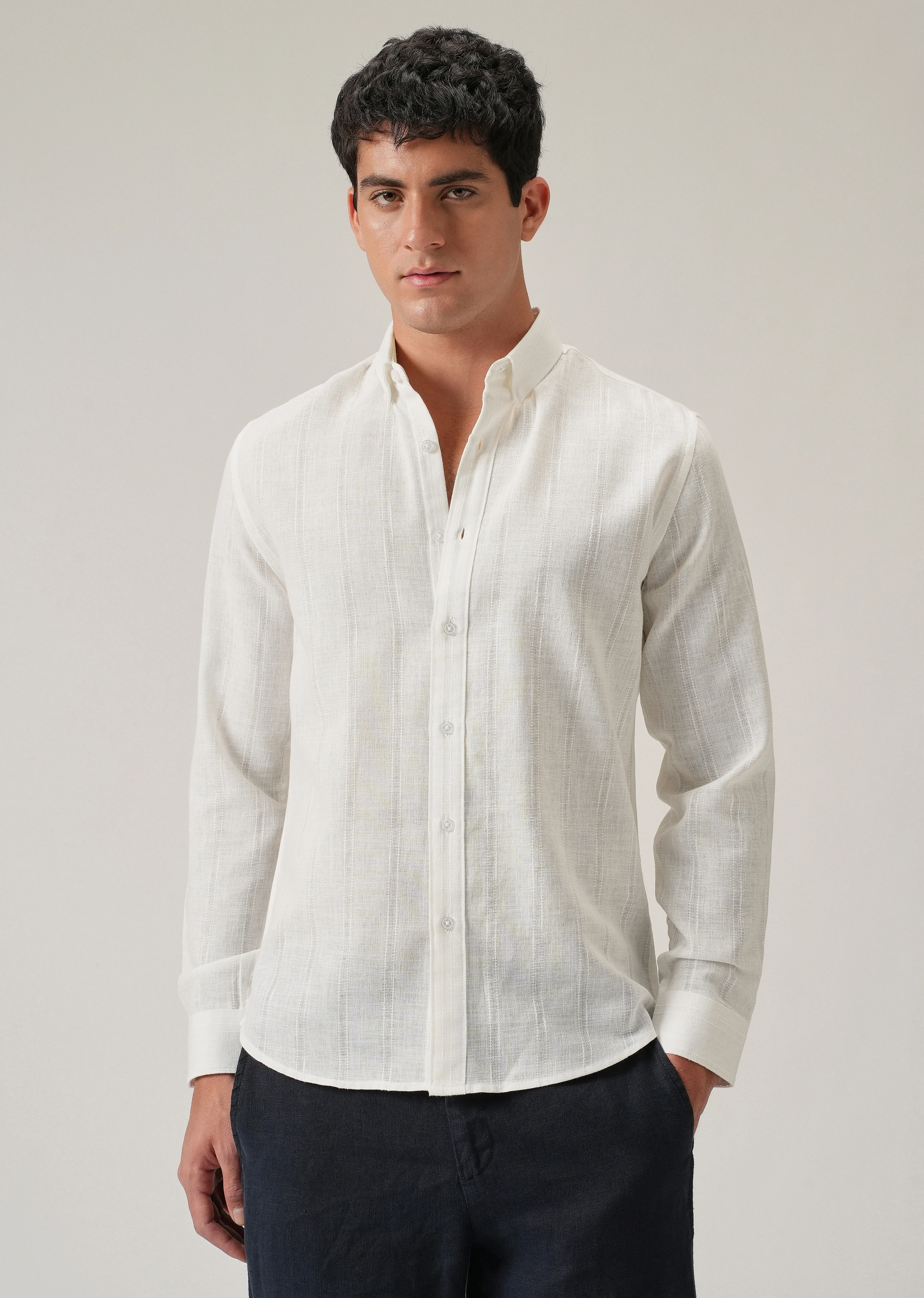 Cream Stripe Blended Linen Shirt - Image 3