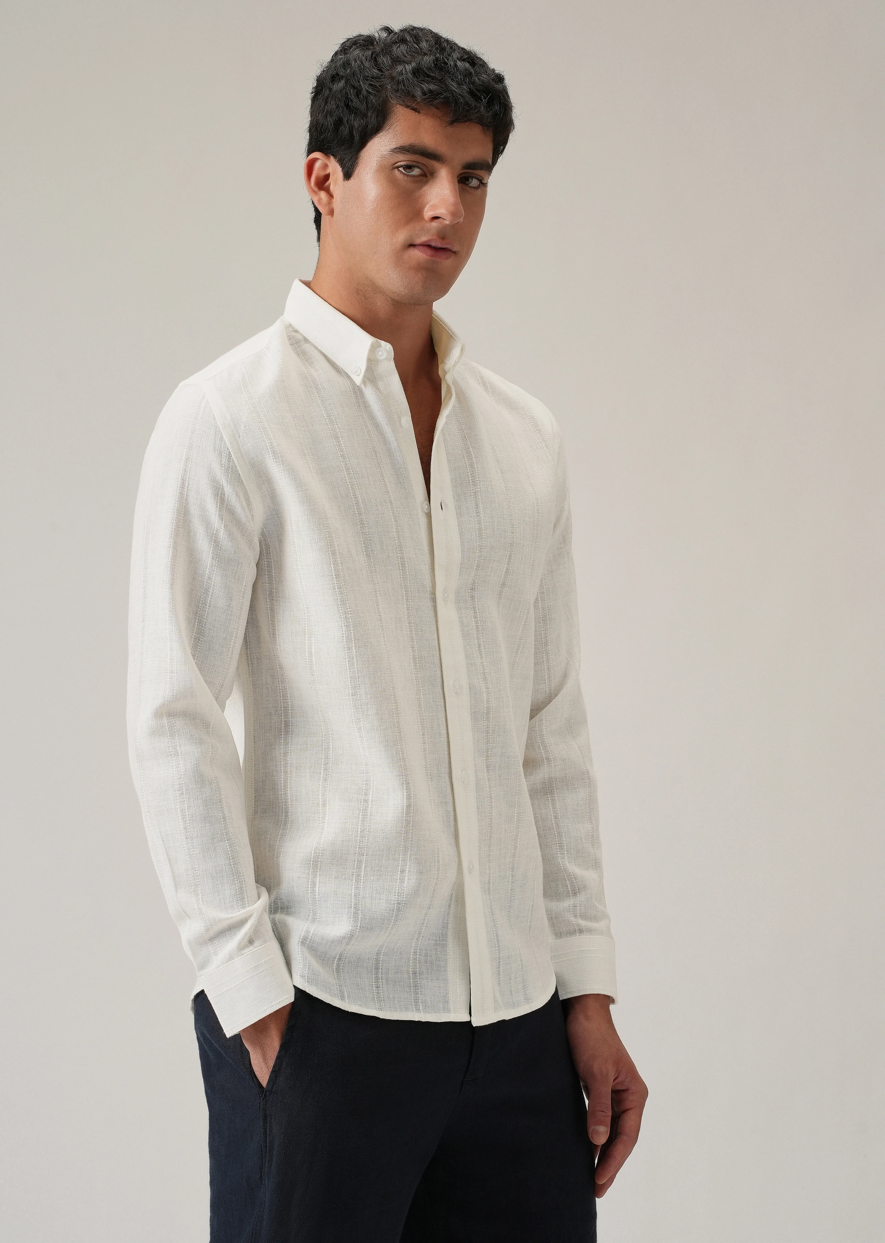 Cream Stripe Blended Linen Shirt - Image 4