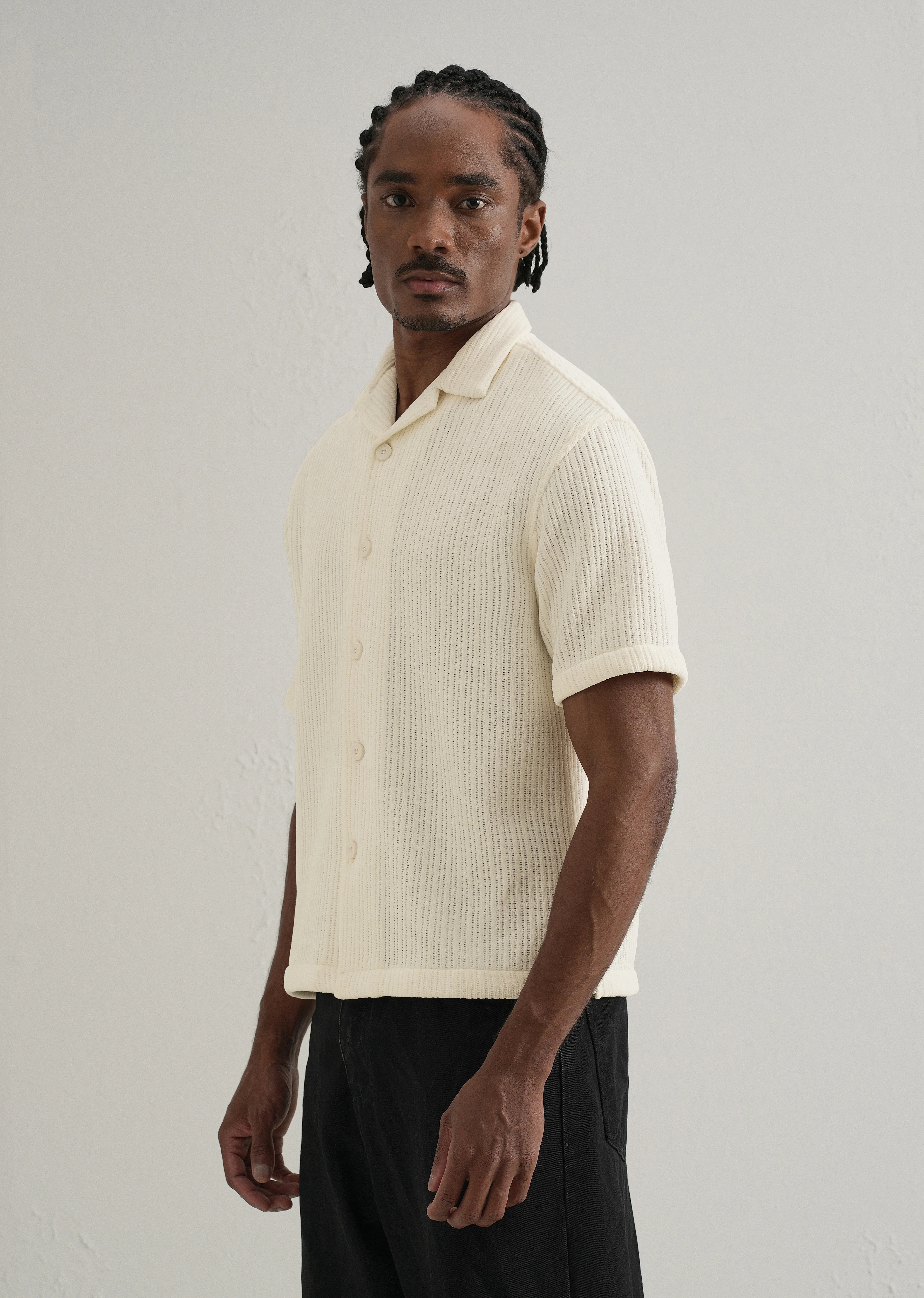 Ivory Suede Knit Cuban Collar Shirt - Image 4