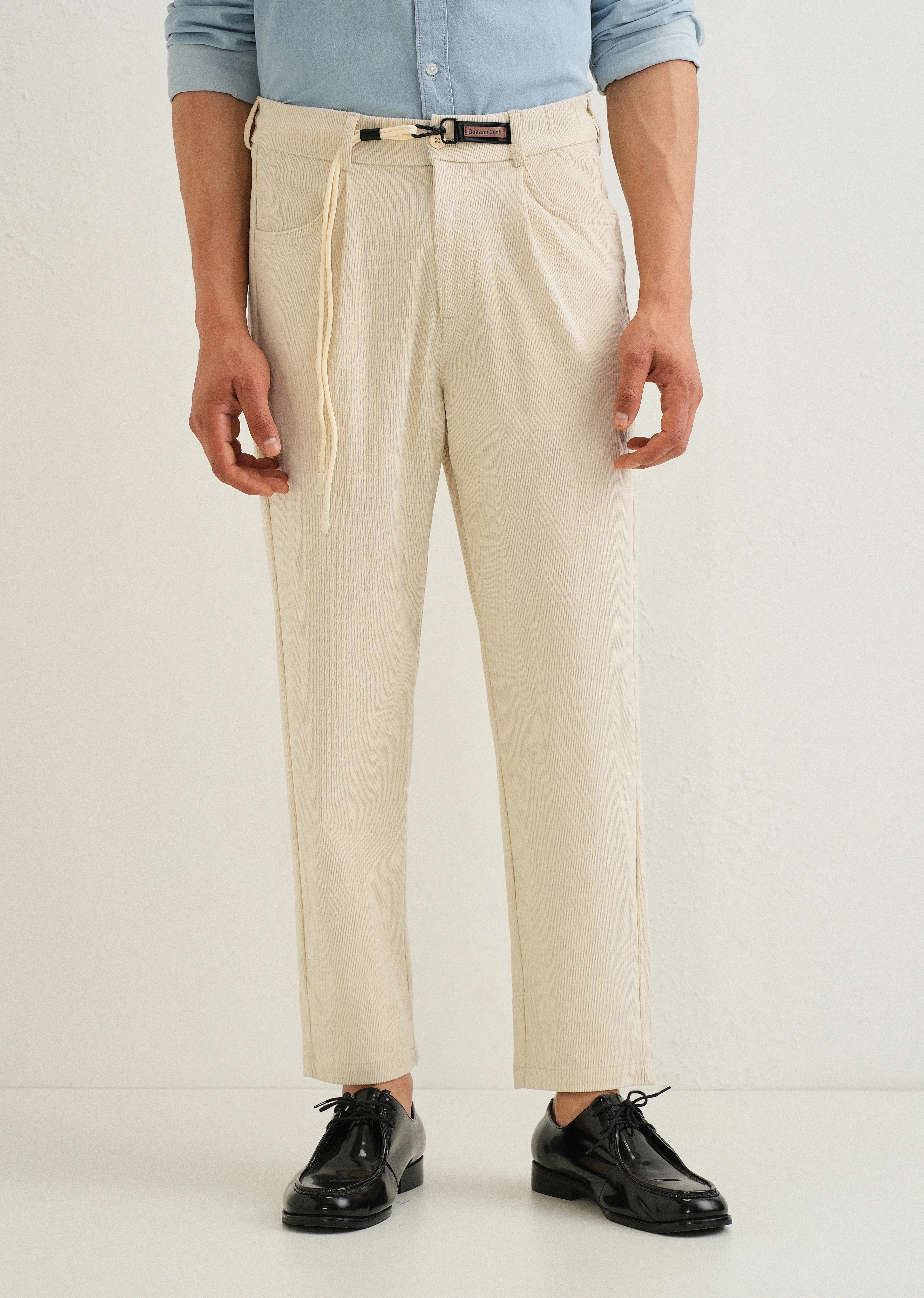 Cream Textured Corduroy Drawstring Pant - Image 3