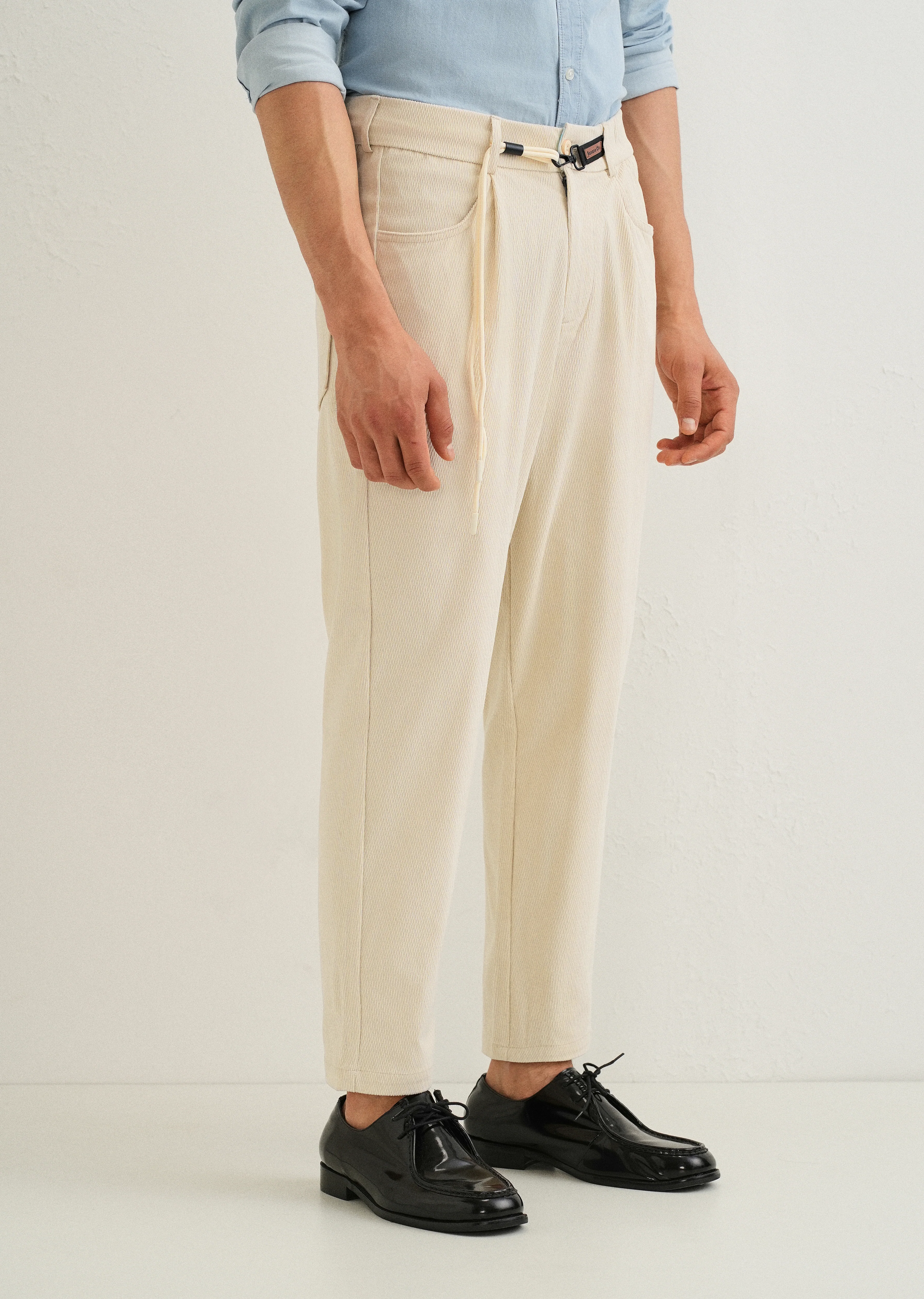 Cream Textured Corduroy Drawstring Pant - Image 4