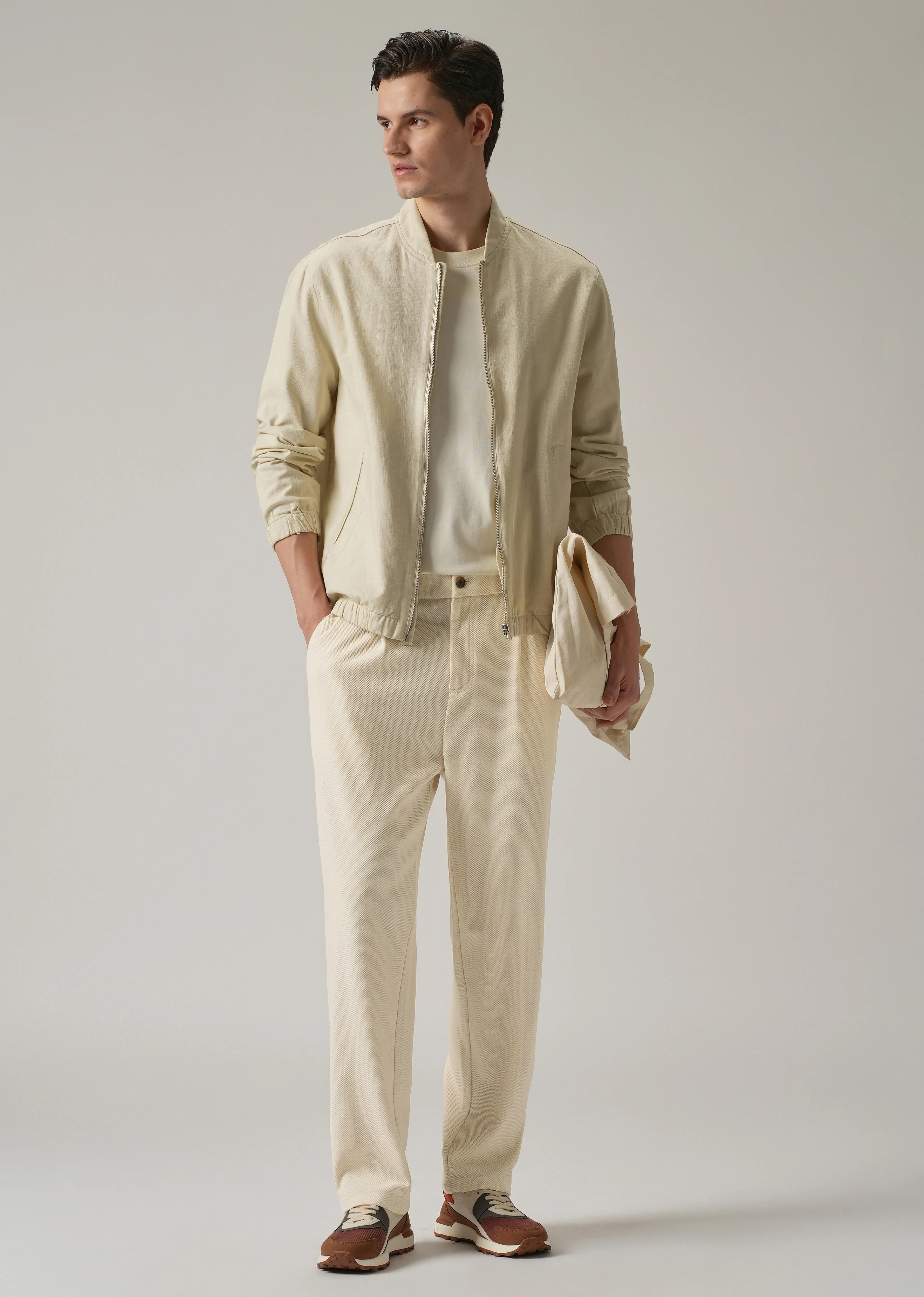 Cream Textured Pleated Relaxed Fit Pant - Image 6