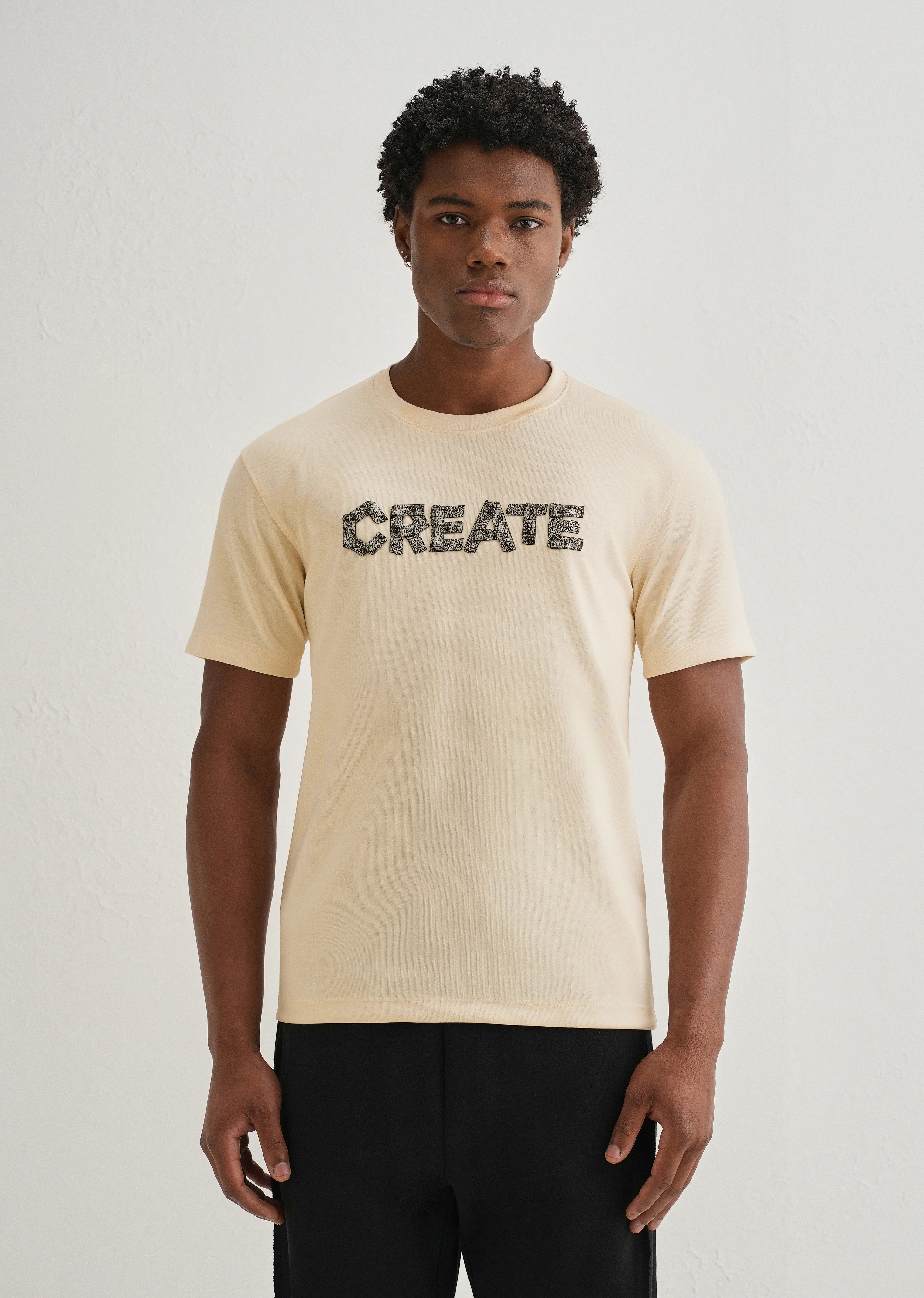 Cream Typography Applique T-shirt - Image 3