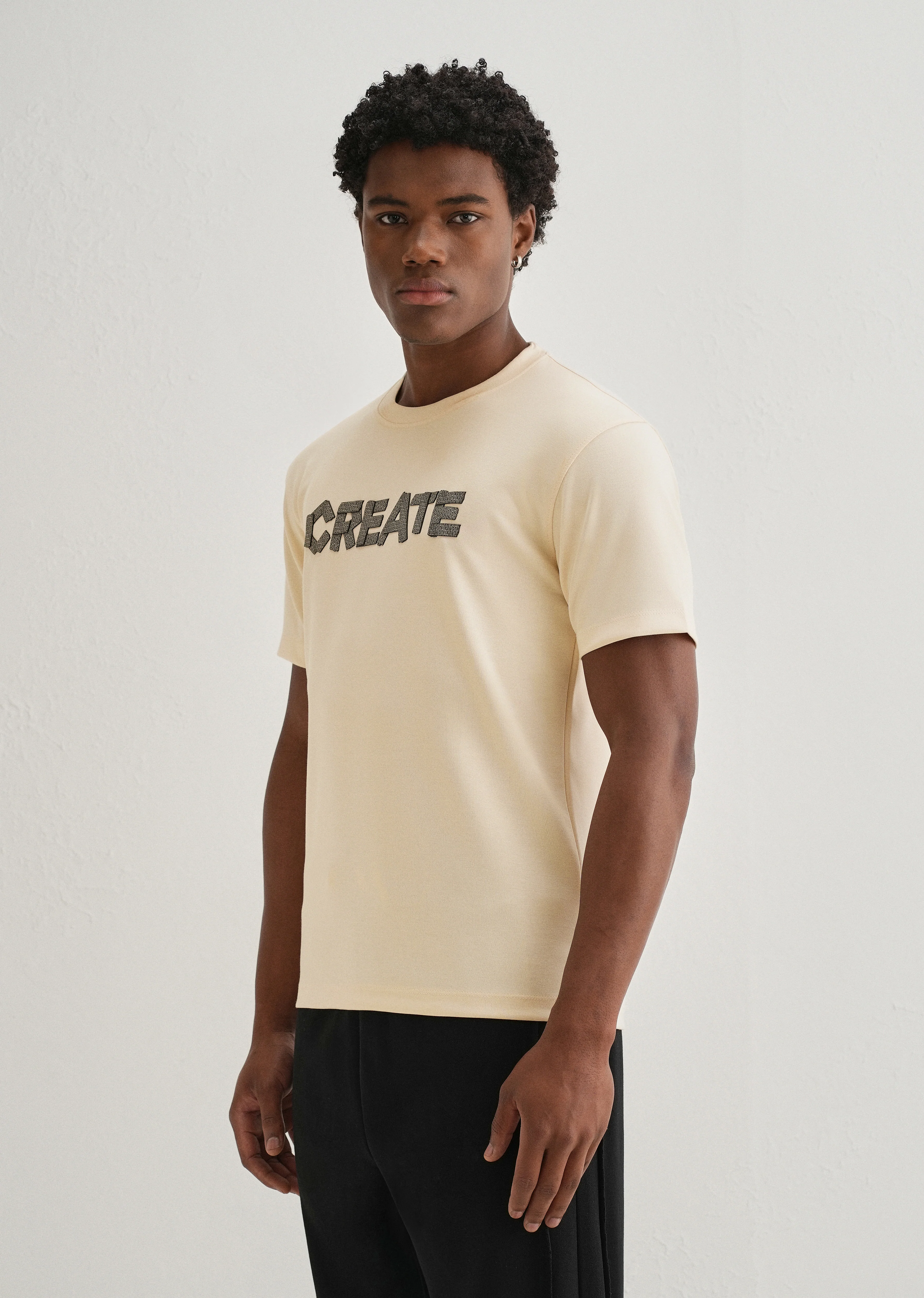 Cream Typography Applique T-shirt - Image 4