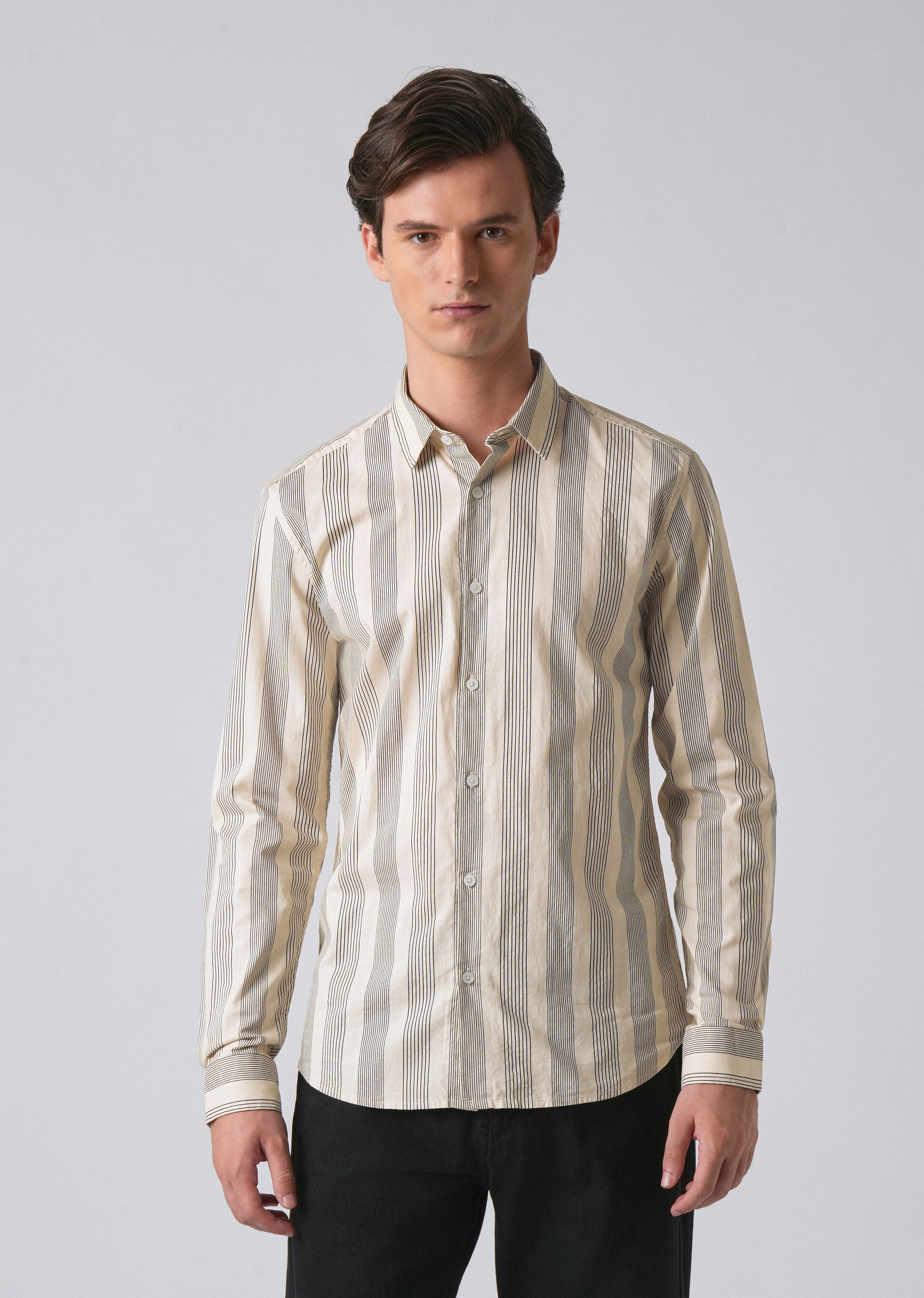 Cream Vertical Pin Stripe Cotton/Linen Shirt - Image 3