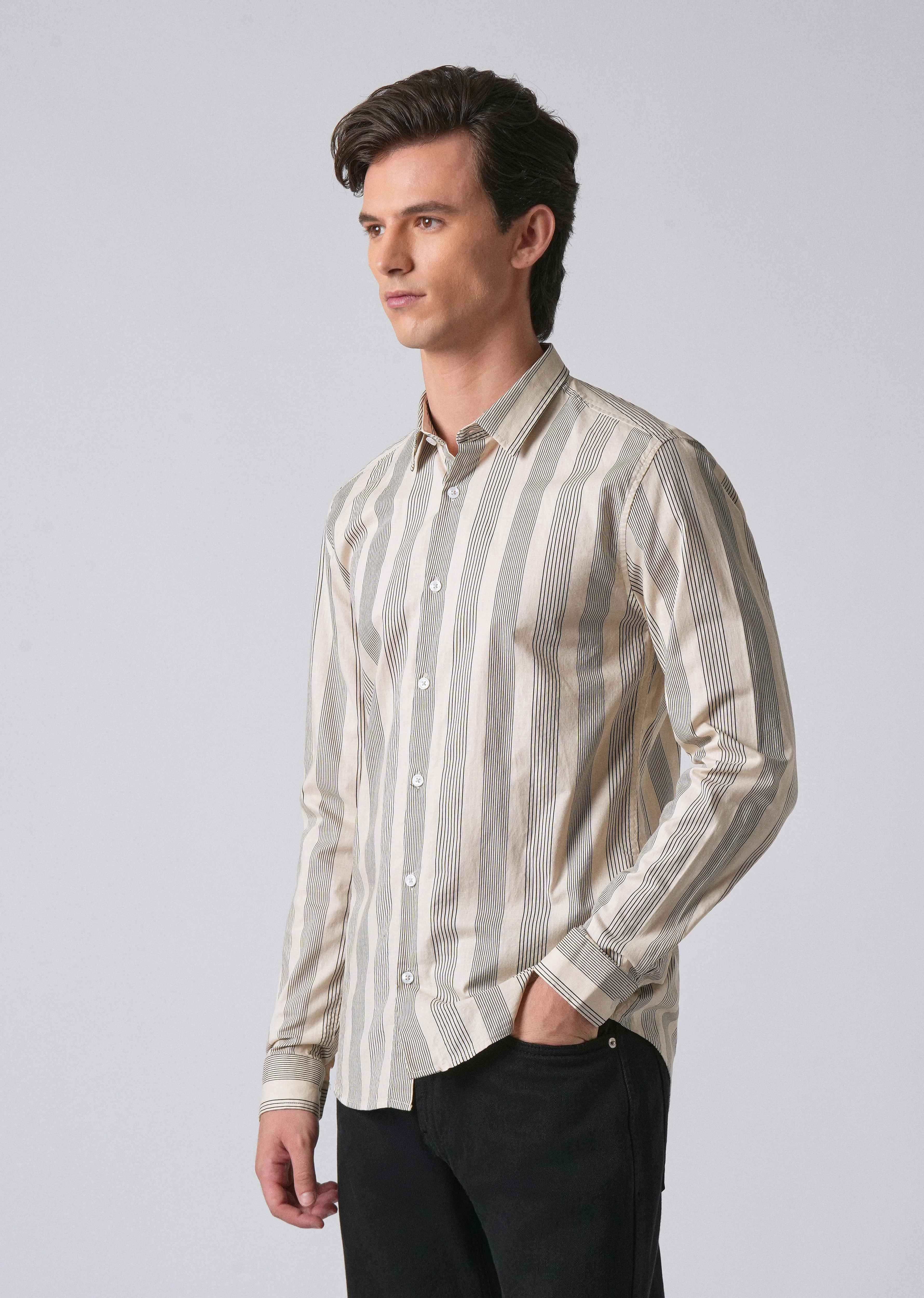 Cream Vertical Pin Stripe Cotton/Linen Shirt - Image 4