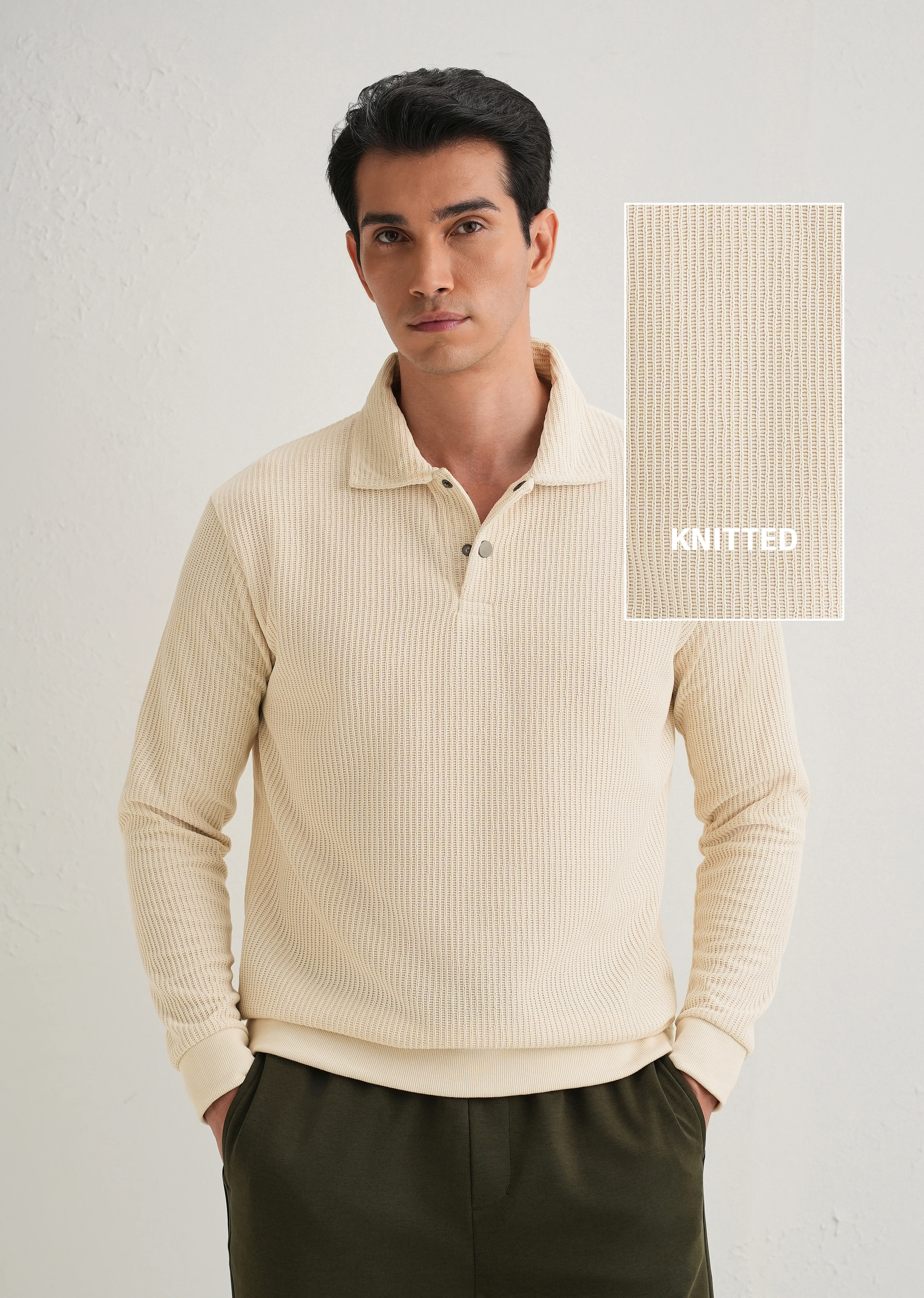 Cream Waffle Knit Polo Sweatshirt - Image 2