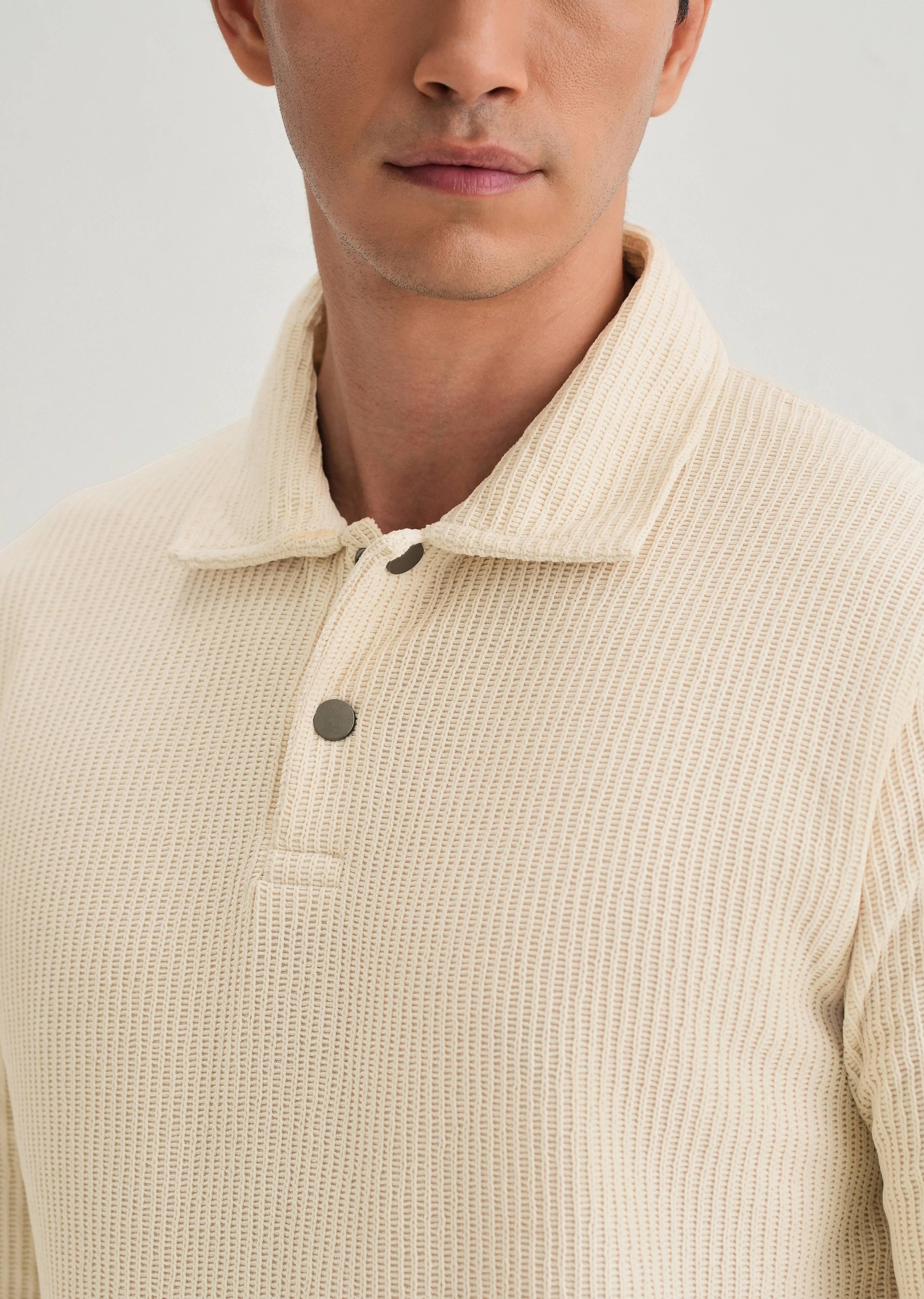 Cream Waffle Knit Polo Sweatshirt - Image 3