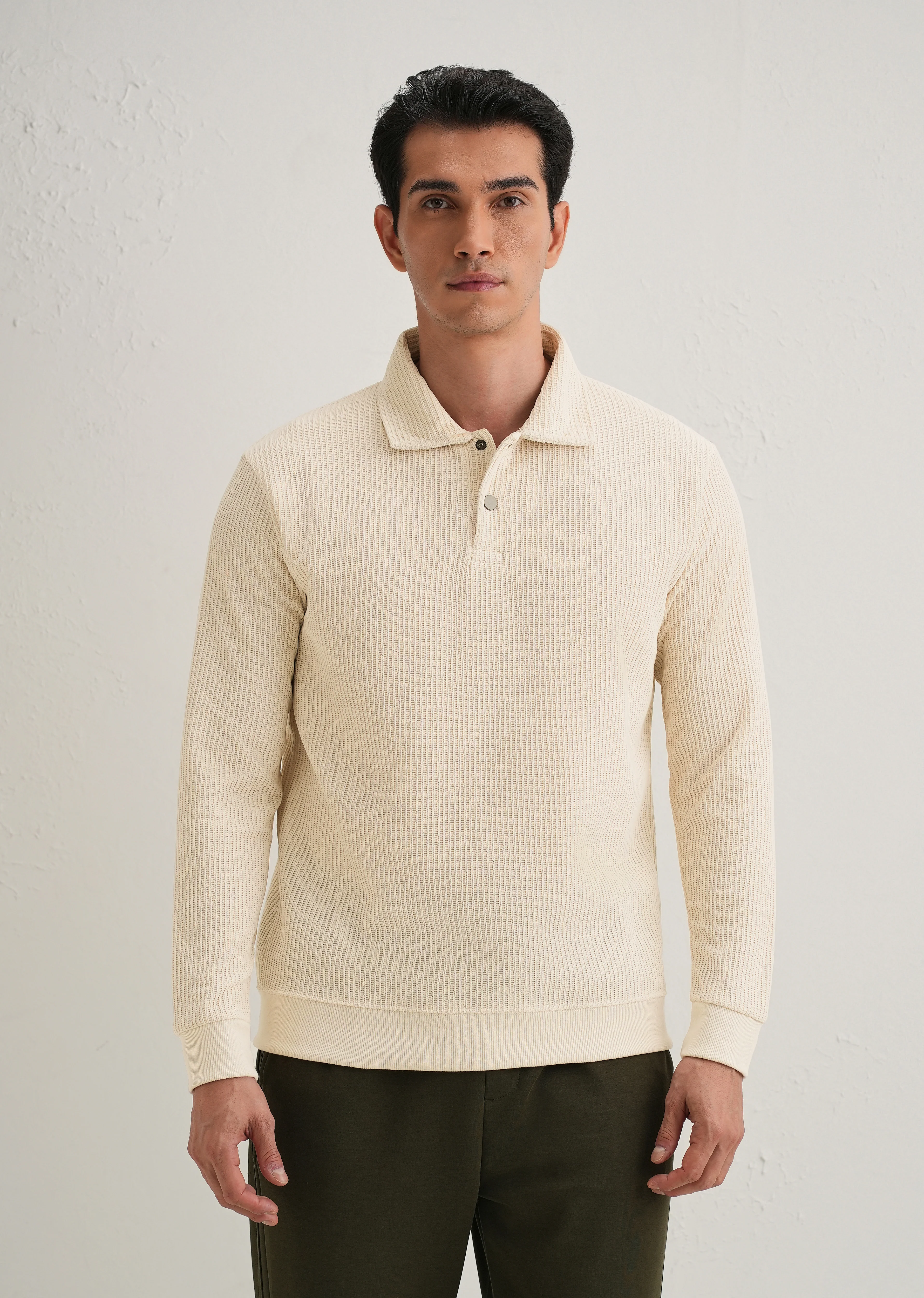 Cream Waffle Knit Polo Sweatshirt - Image 5