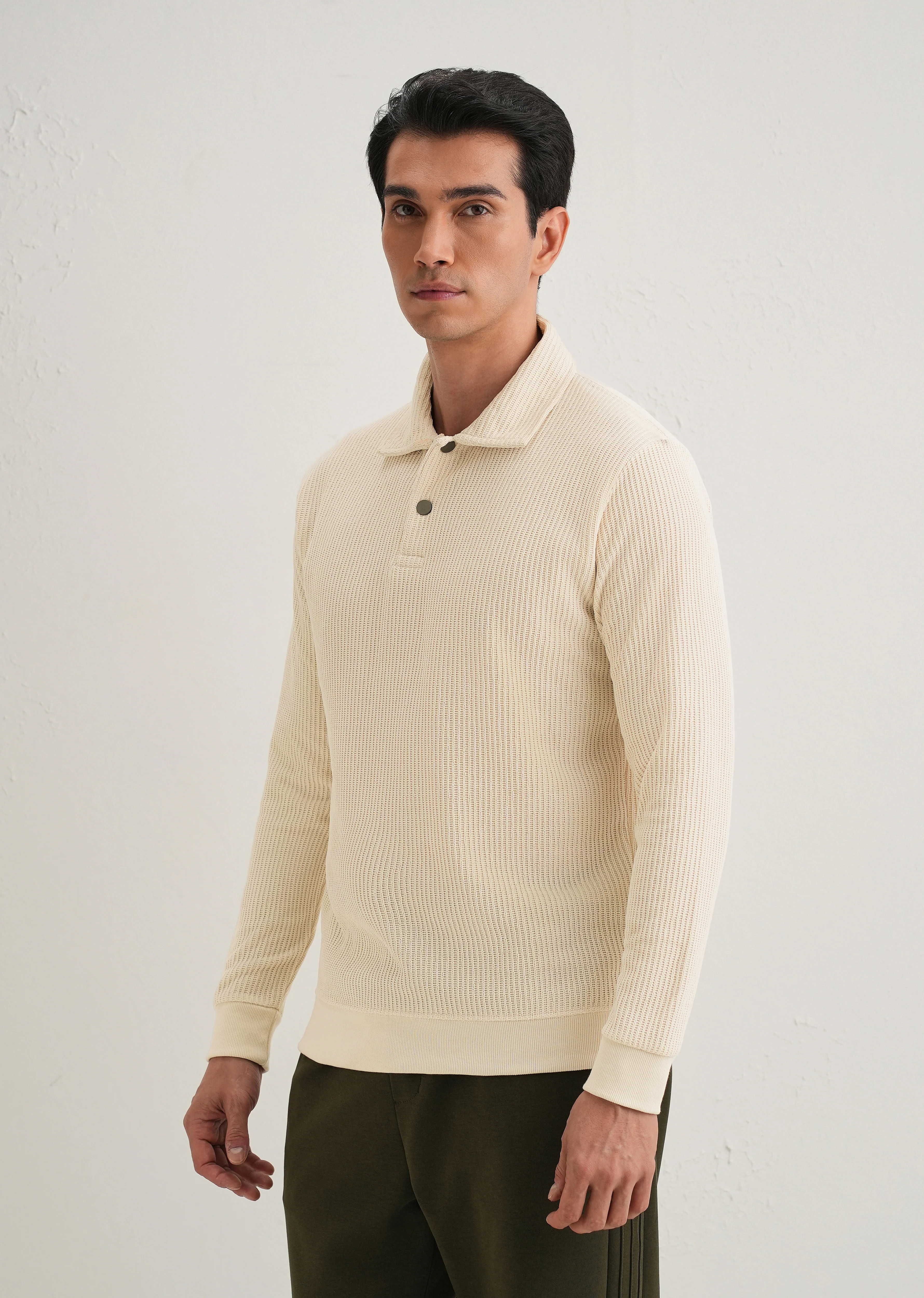 Cream Waffle Knit Polo Sweatshirt - Image 6