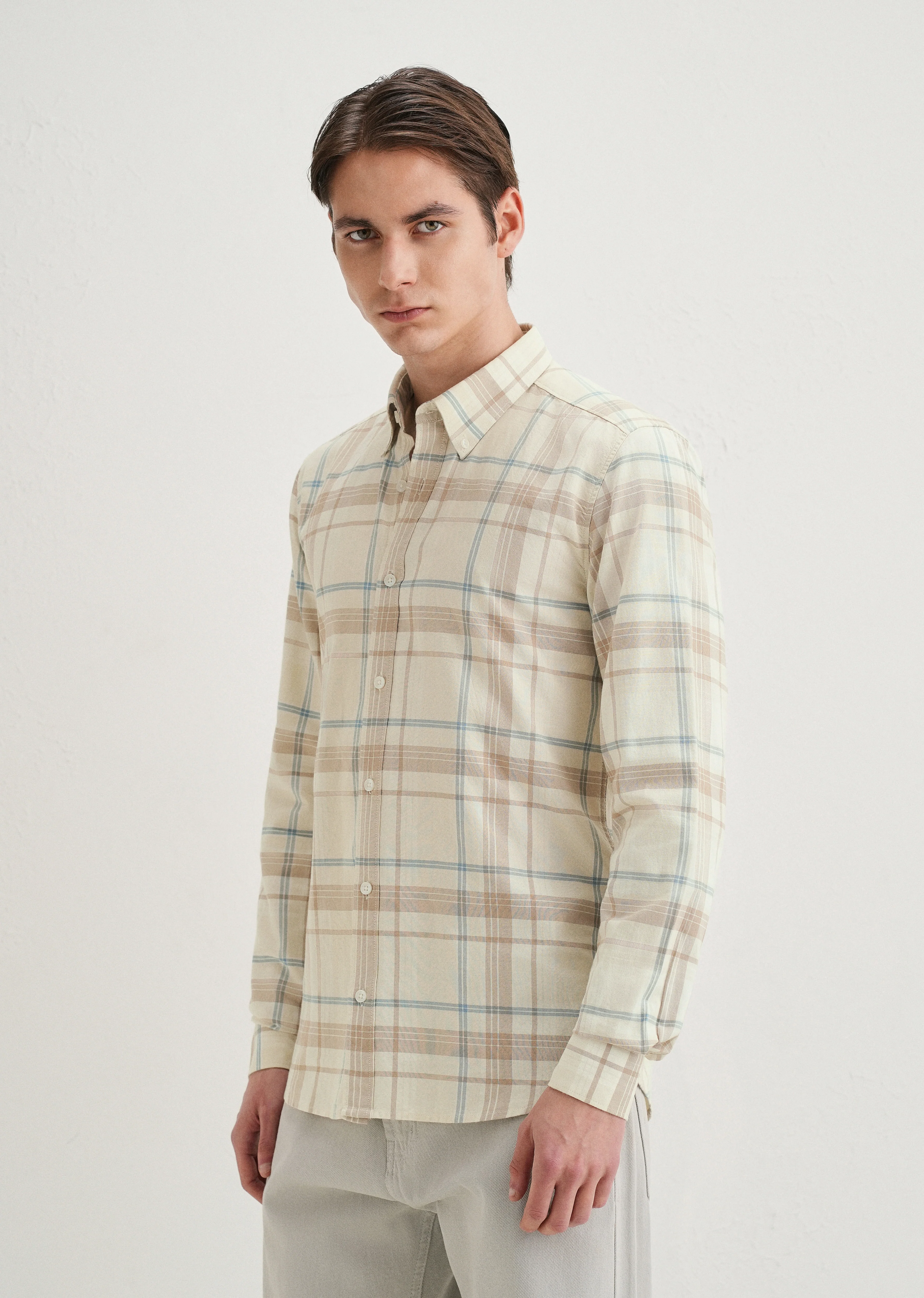 Cream Windowpane Plaid Check Shirt - Image 5