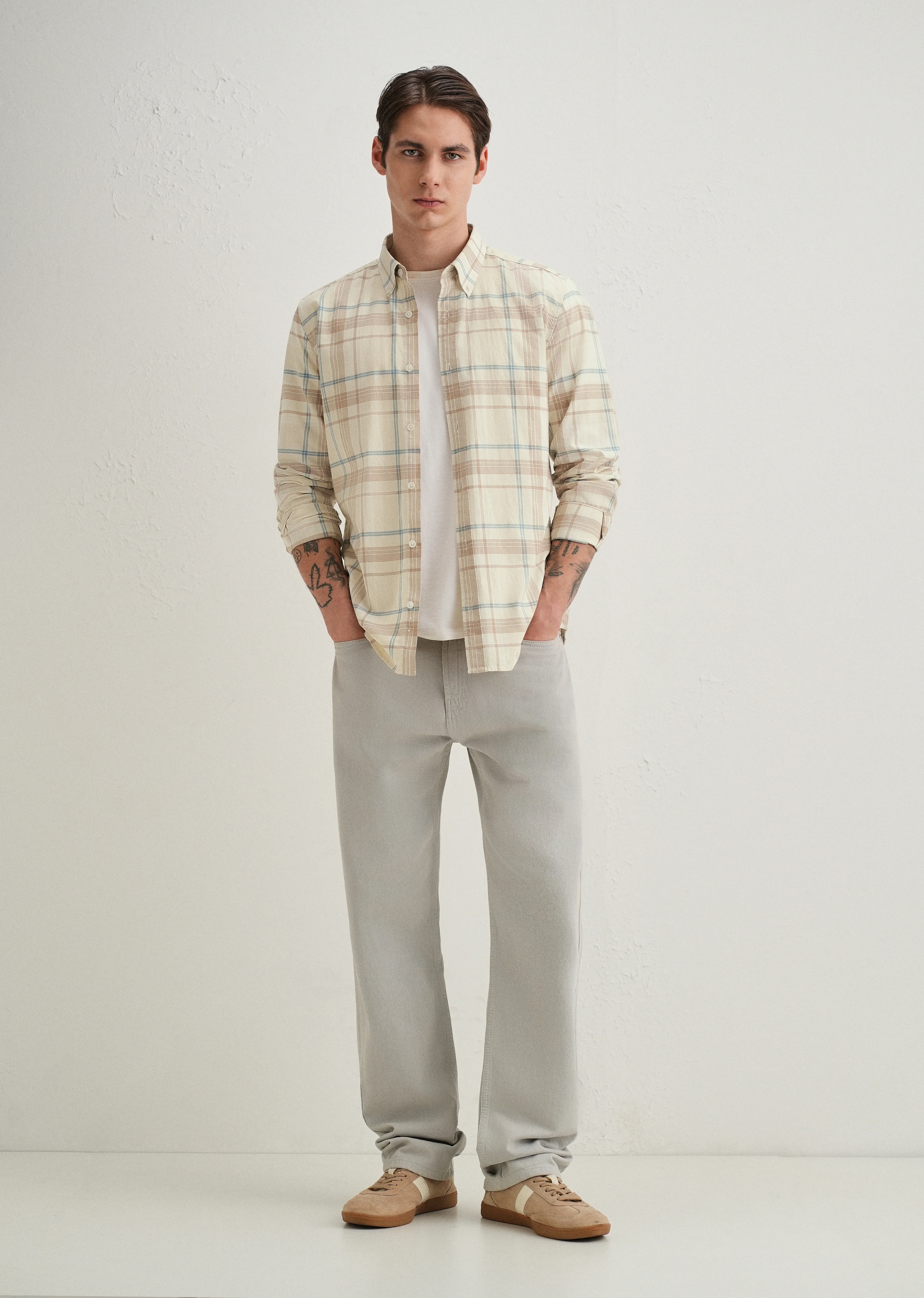 Cream Windowpane Plaid Check Shirt - Image 6