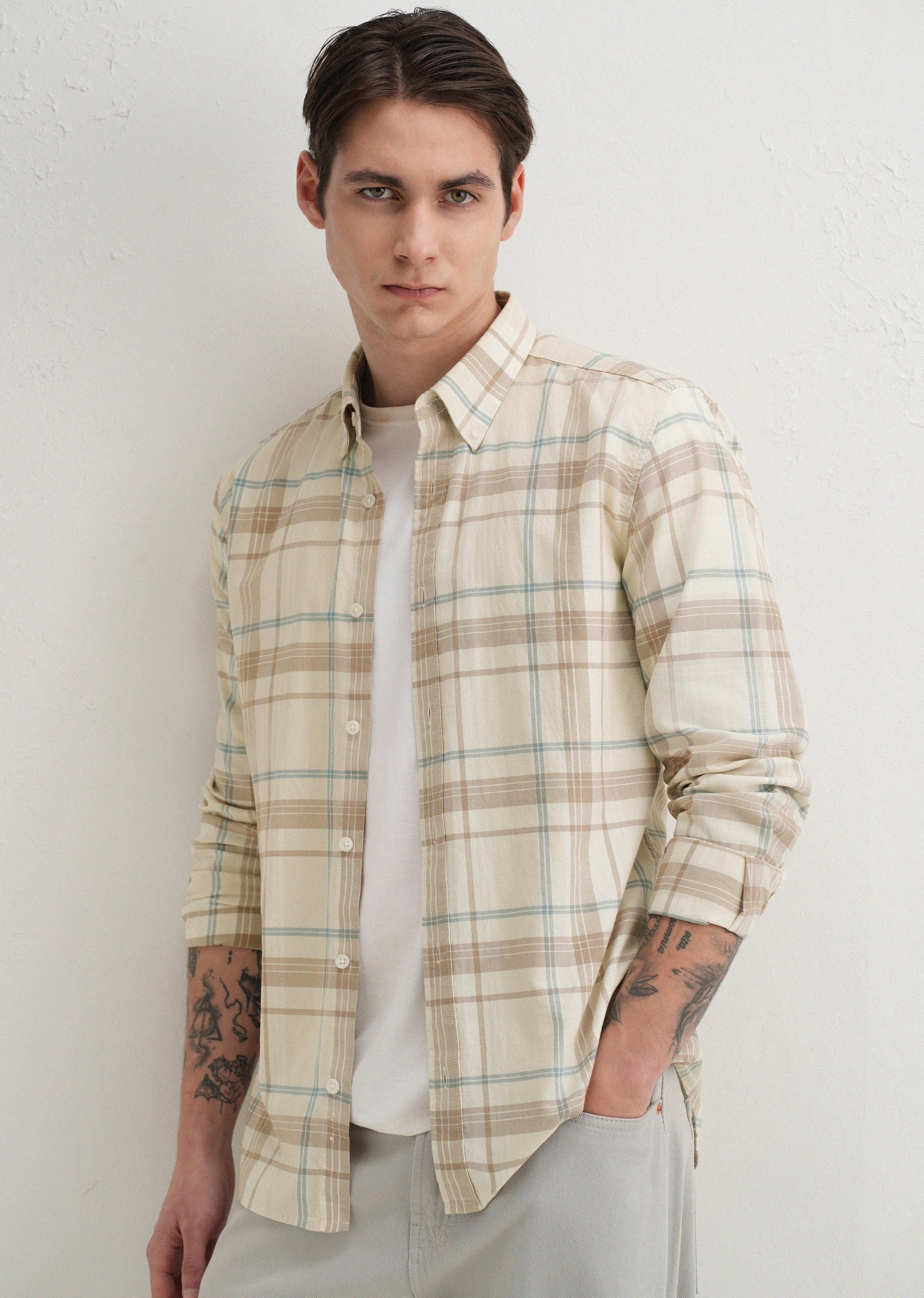 Cream Windowpane Plaid Check Shirt - Image 7
