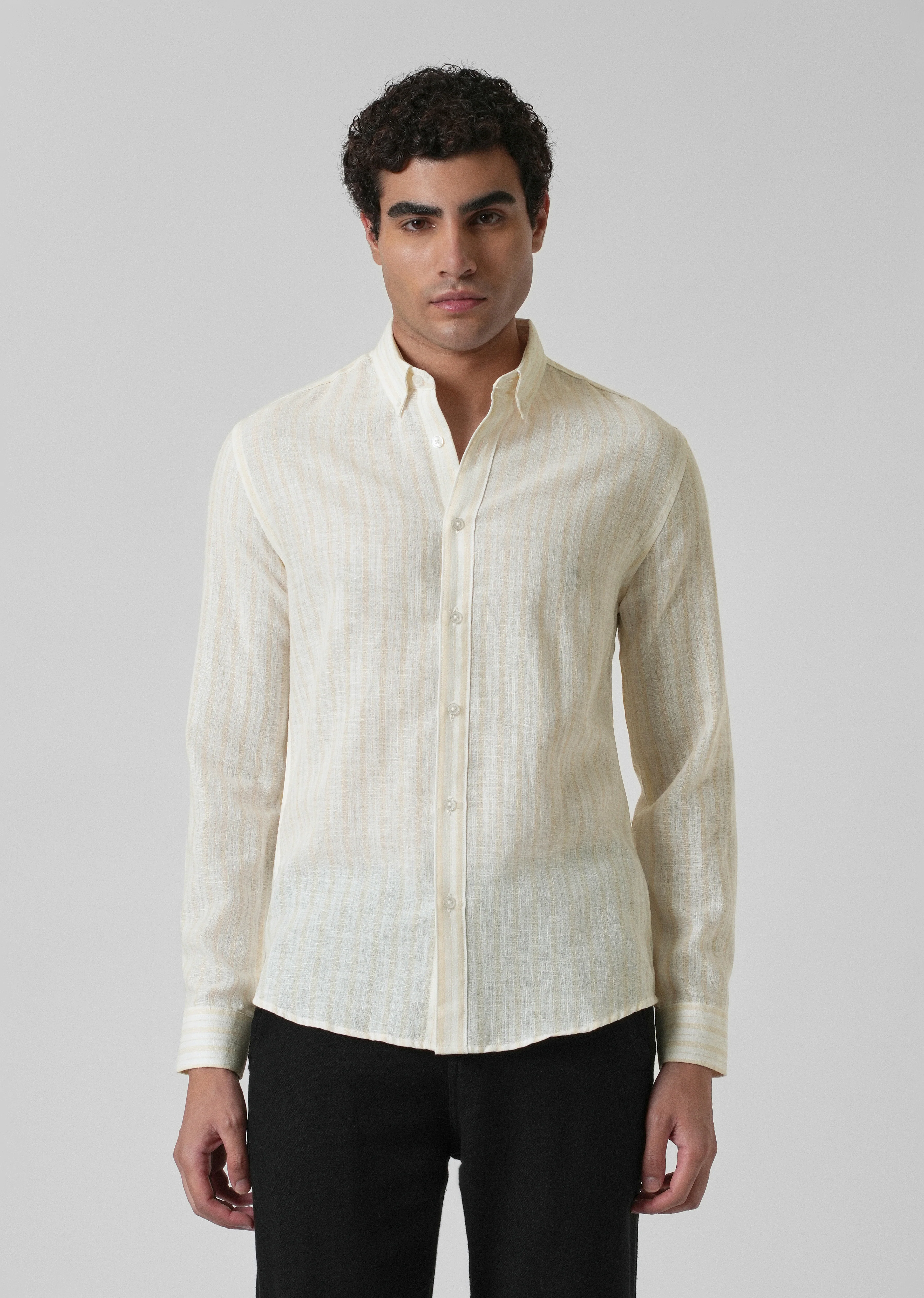 Cream Yellow Linen Stripe Shirt - Image 3