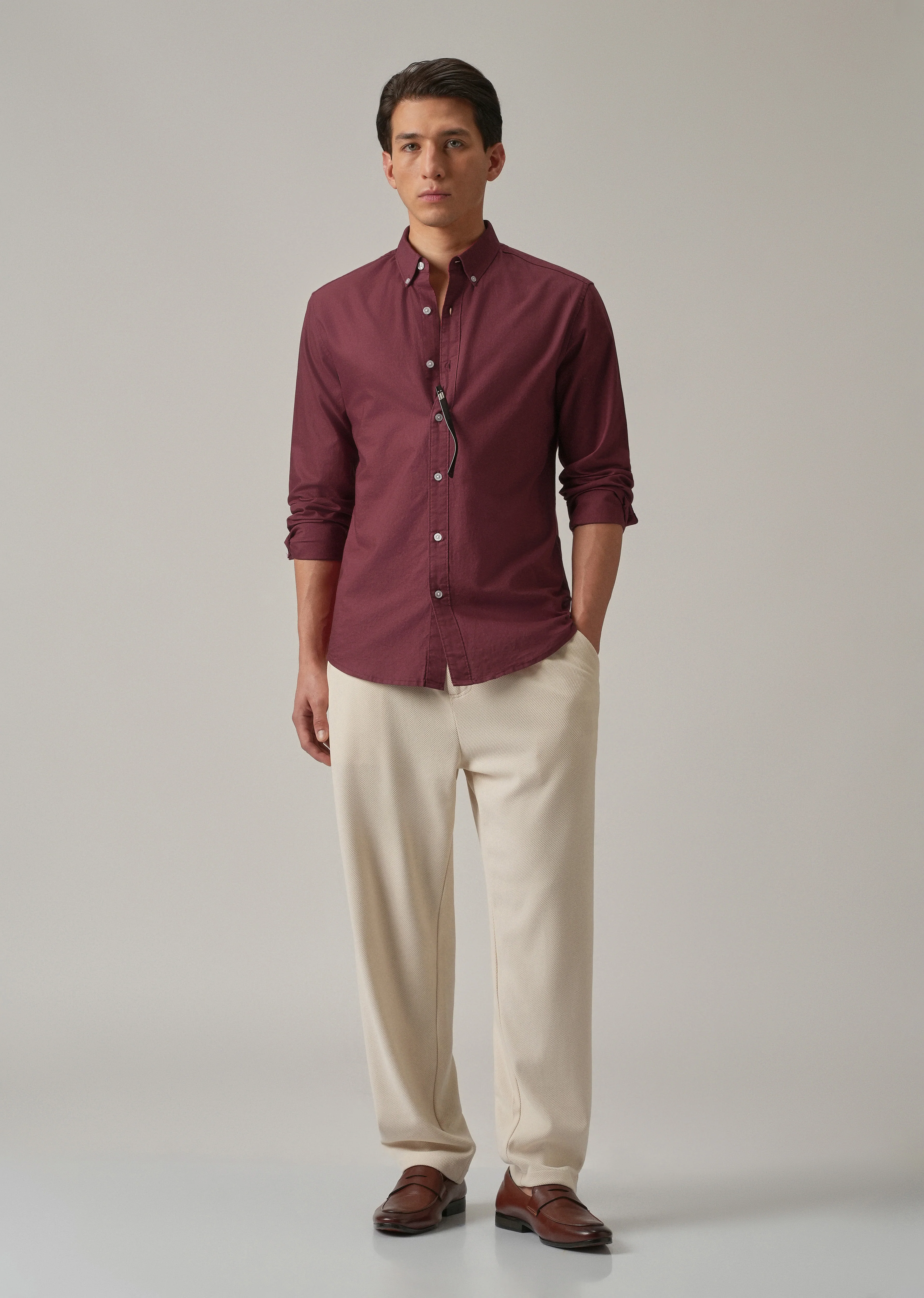 Crimson Red Plain Elbow Patch Oxford Shirt - Image 8