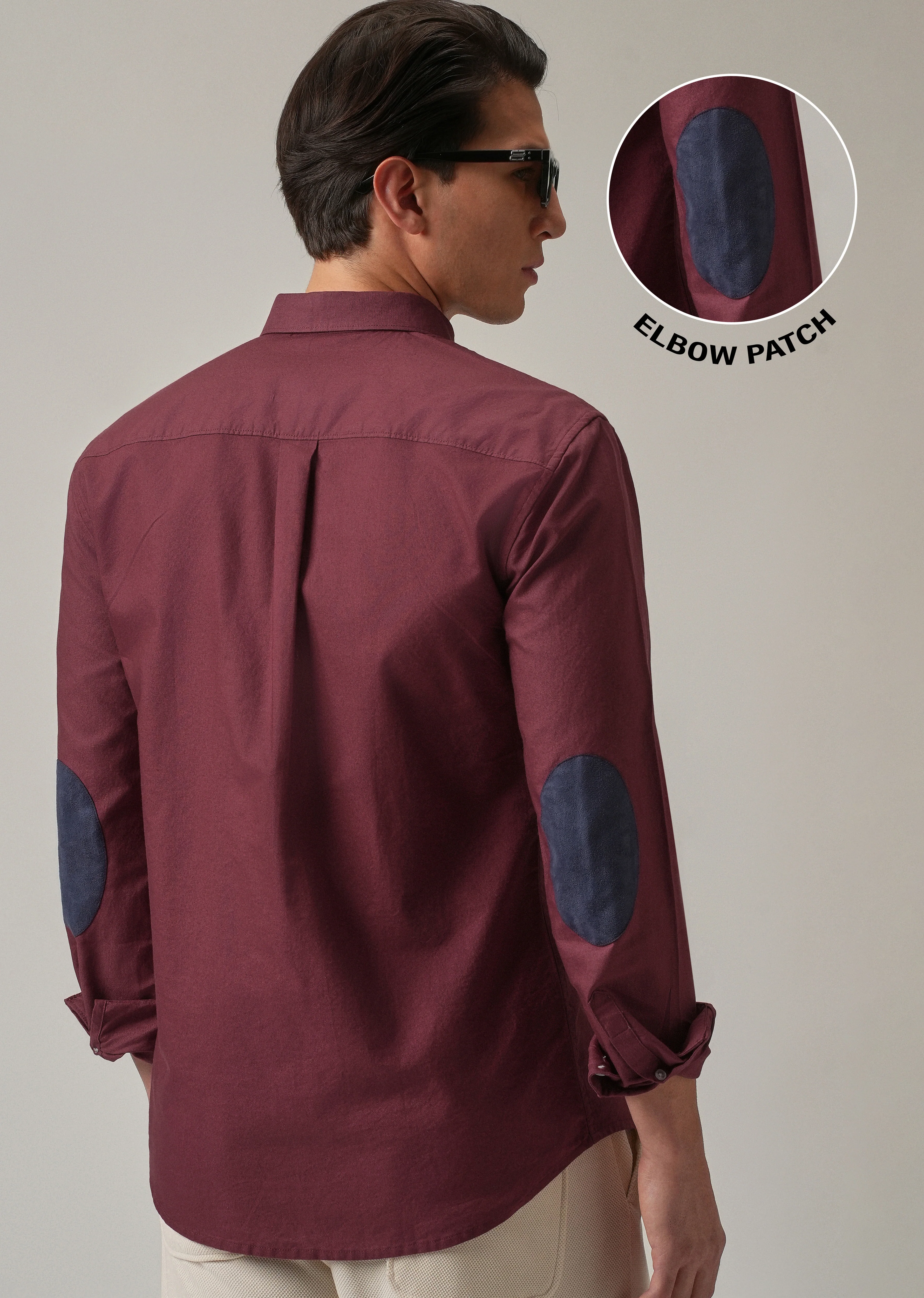Crimson Red Plain Elbow Patch Oxford Shirt - Image 9