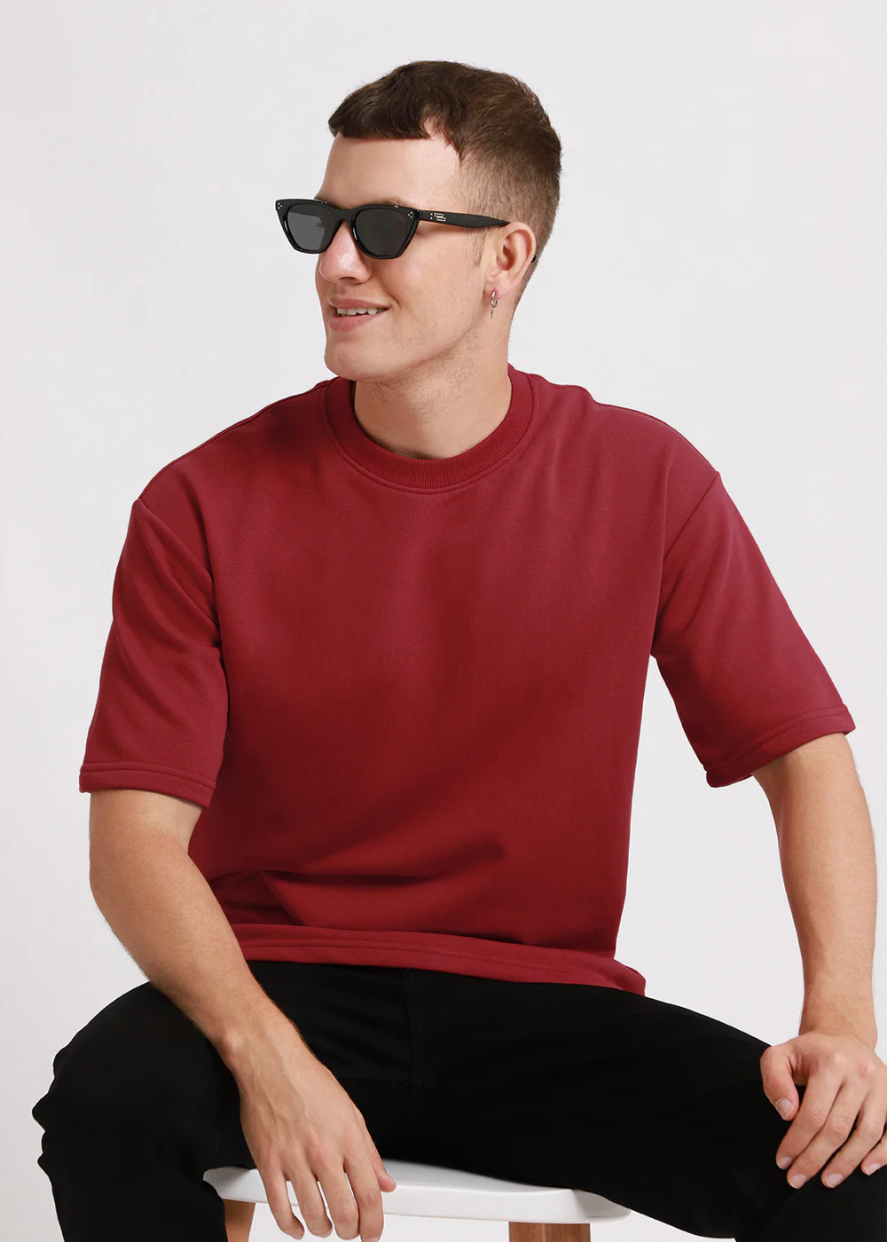 Crimson Red Plain Oversized Basic T-shirt - Image 2