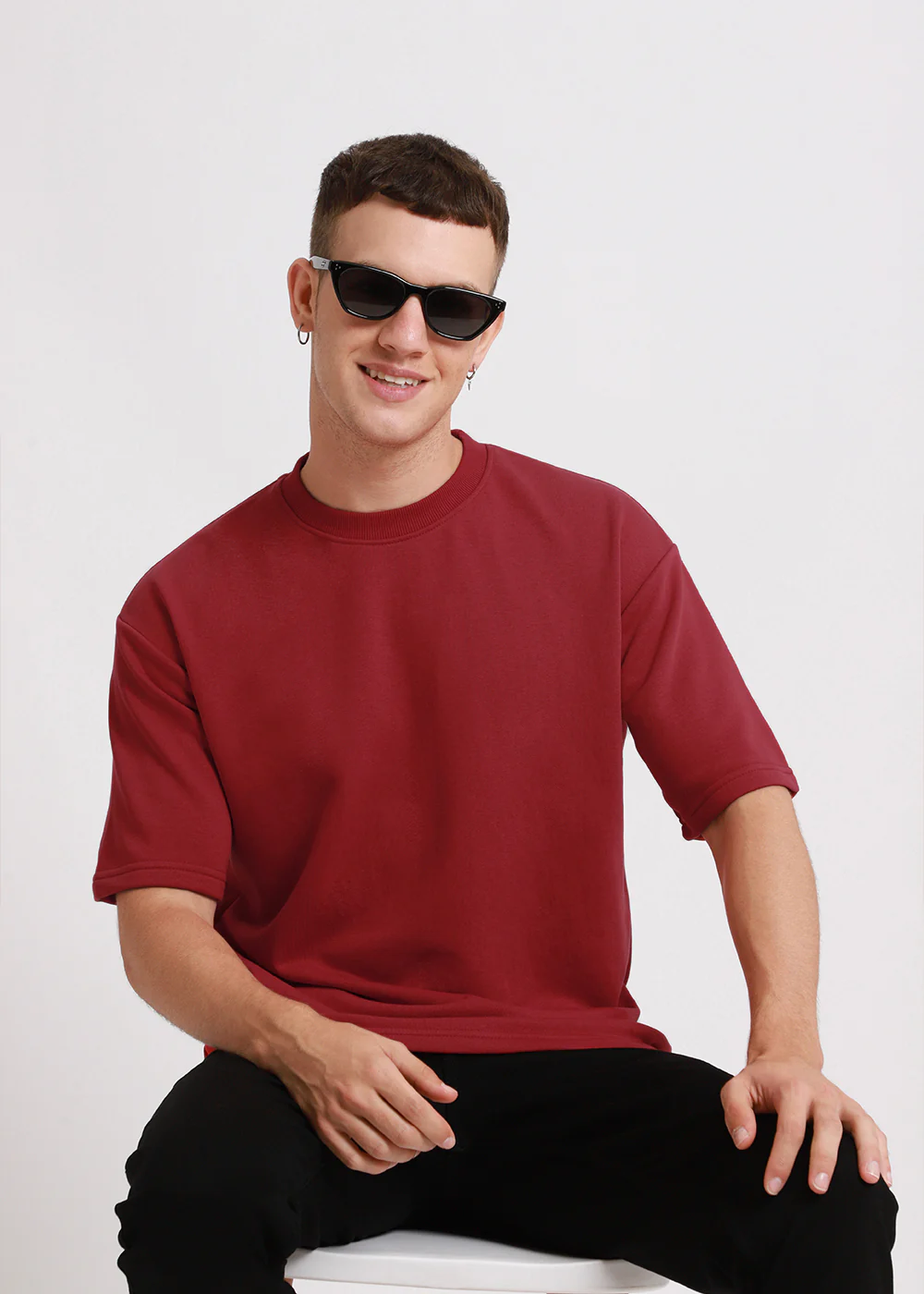 Crimson Red Plain Oversized Basic T-shirt - Image 6