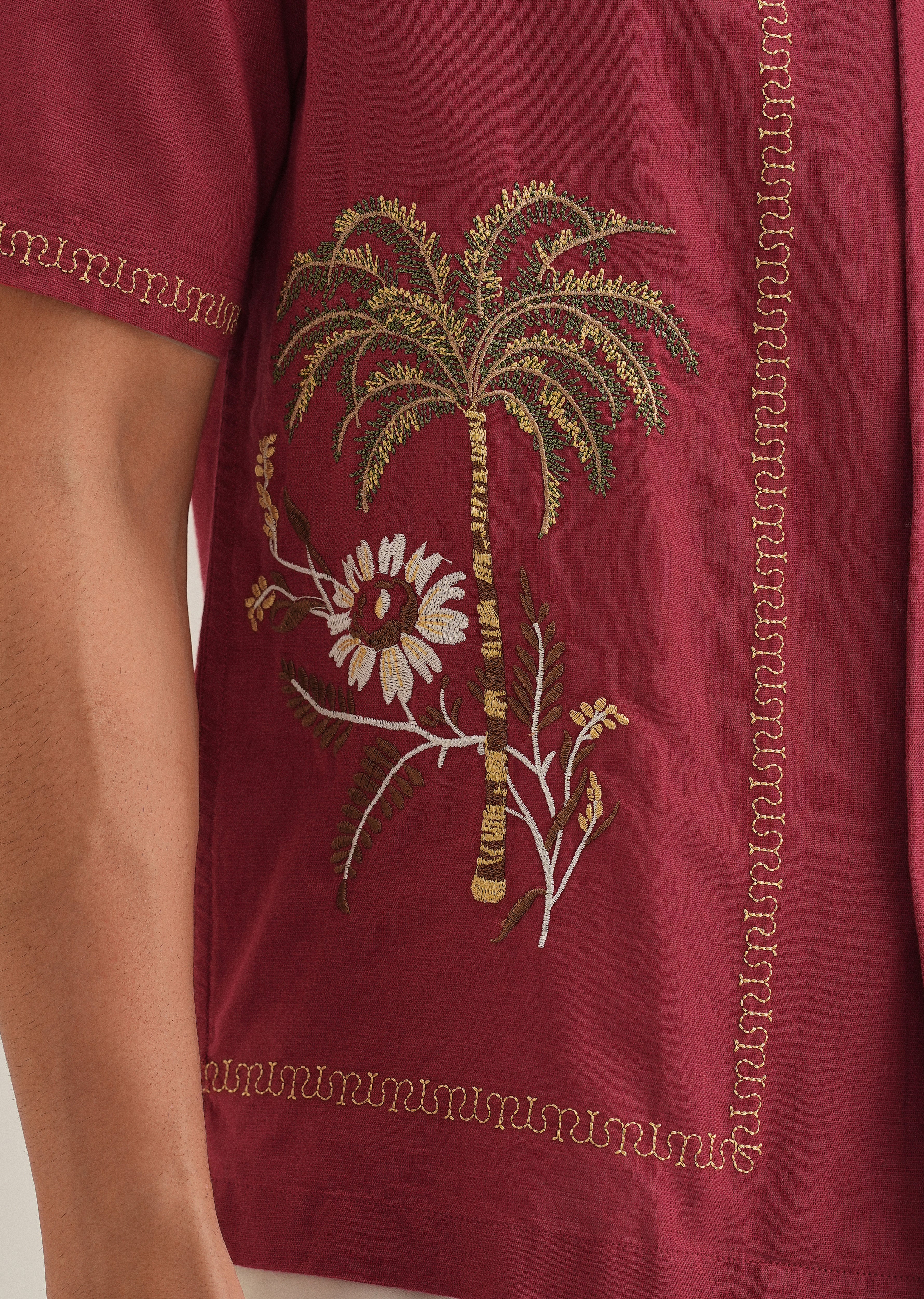 Crimson Red Tropical Embroidered Shirt - Image 3