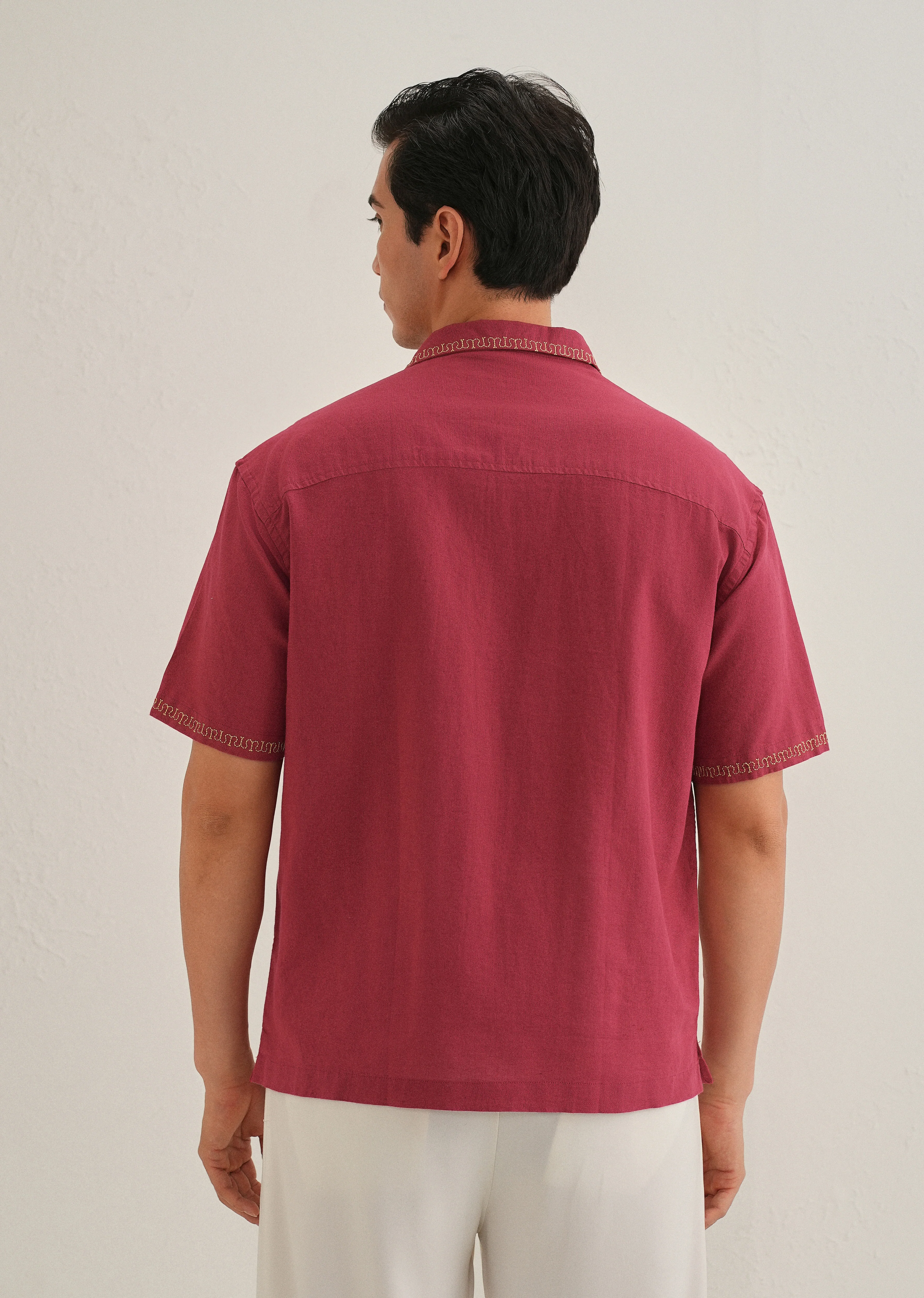 Crimson Red Tropical Embroidered Shirt - Image 5