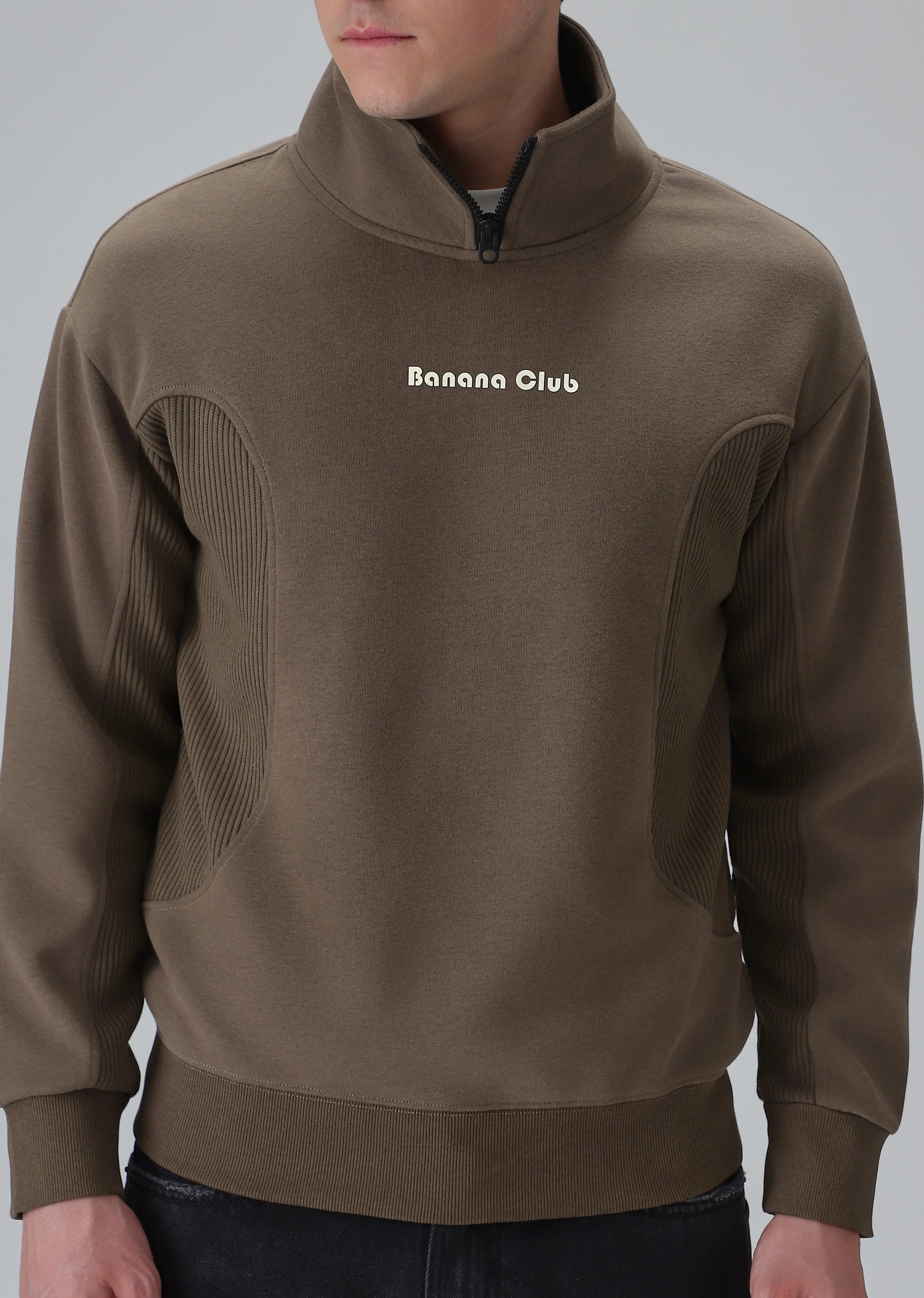Cut and Sew Brown Zipper Sweatshirt - Image 7