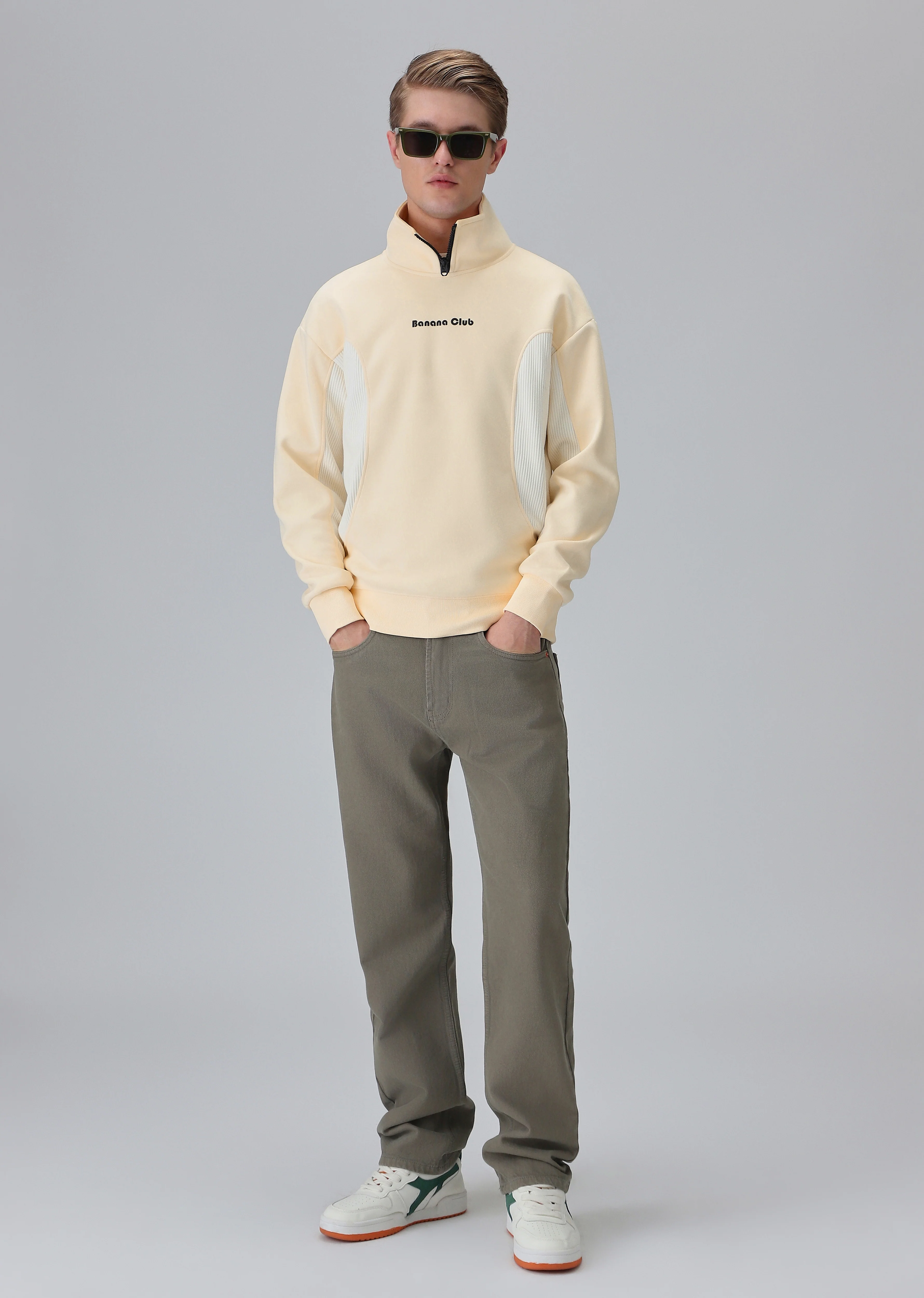 Cut and Sew Cream Zipper Sweatshirt - Image 6