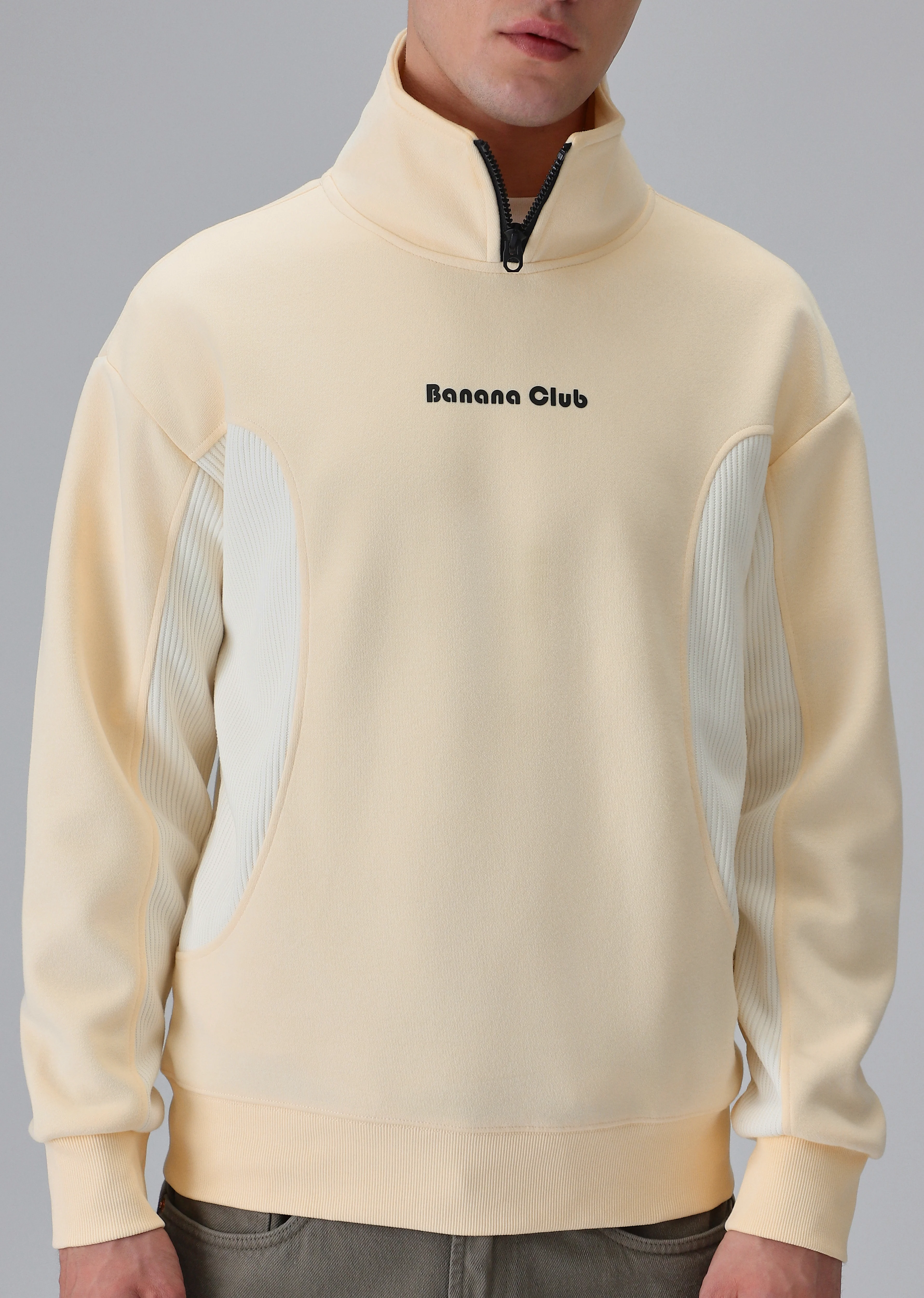 Cut and Sew Cream Zipper Sweatshirt - Image 7