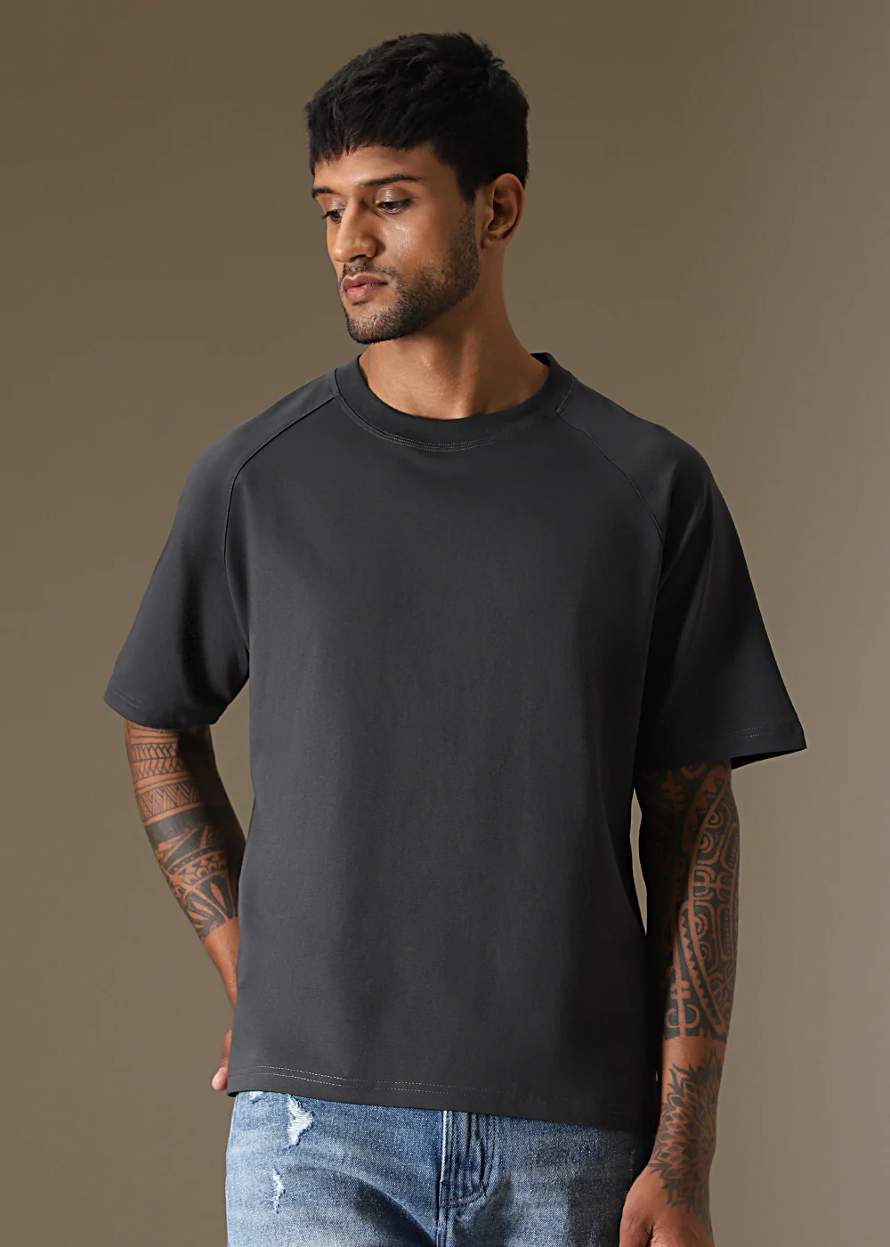 Cut And Sew Dark Grey Plain Oversized T-shirt - Image 3