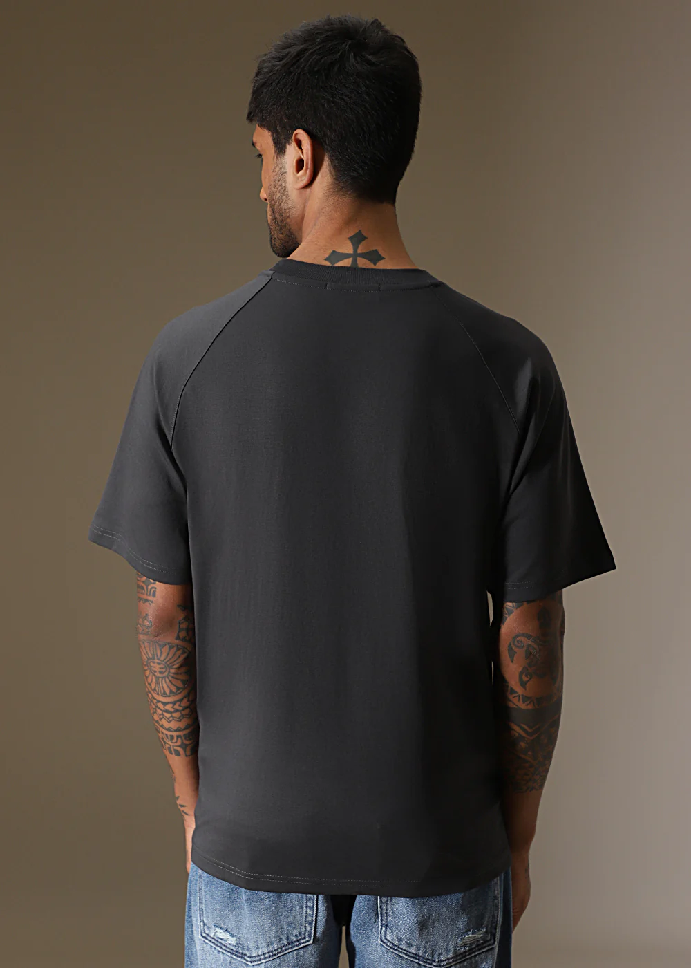 Cut And Sew Dark Grey Plain Oversized T-shirt - Image 4