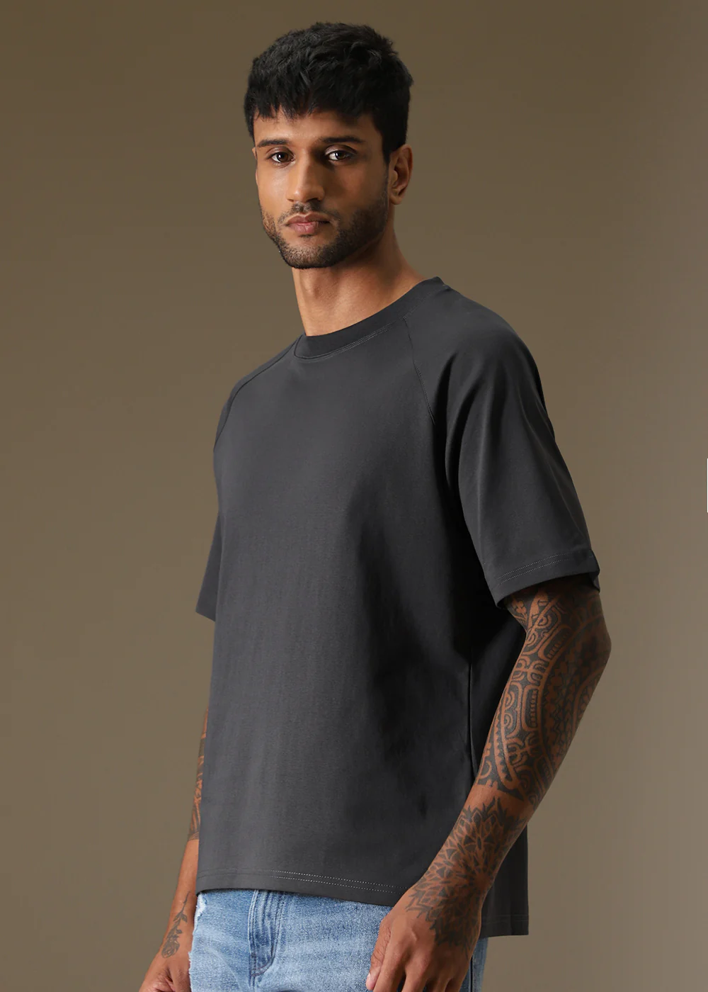 Cut And Sew Dark Grey Plain Oversized T-shirt - Image 5