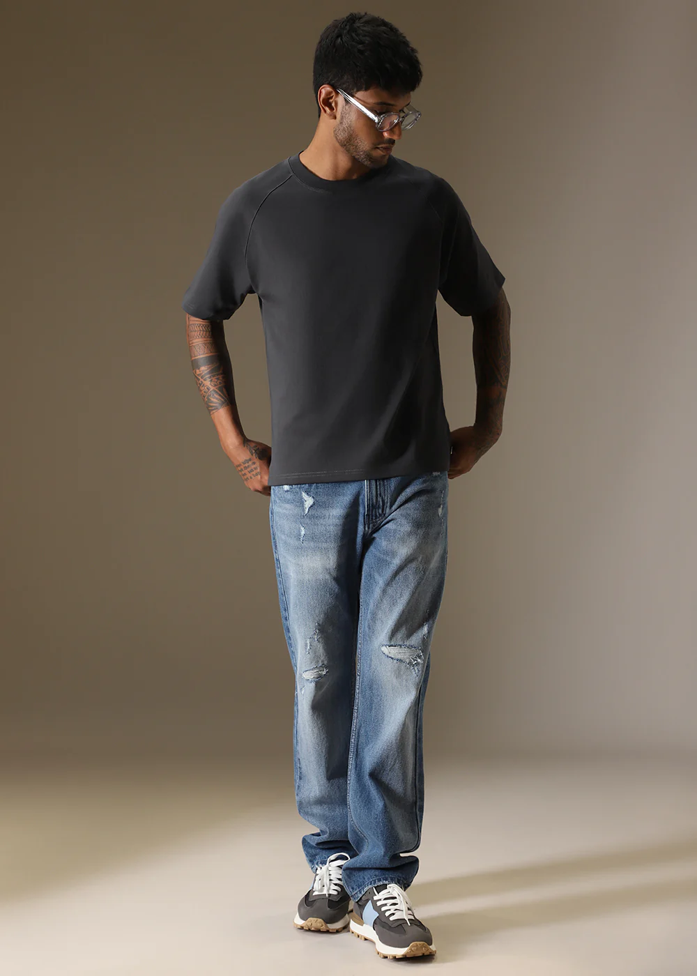 Cut And Sew Dark Grey Plain Oversized T-shirt - Image 6