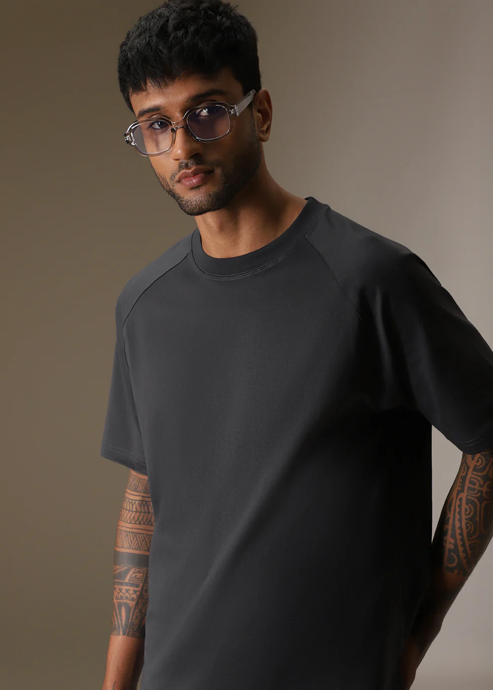 Cut And Sew Dark Grey Plain Oversized T-shirt - Image 7