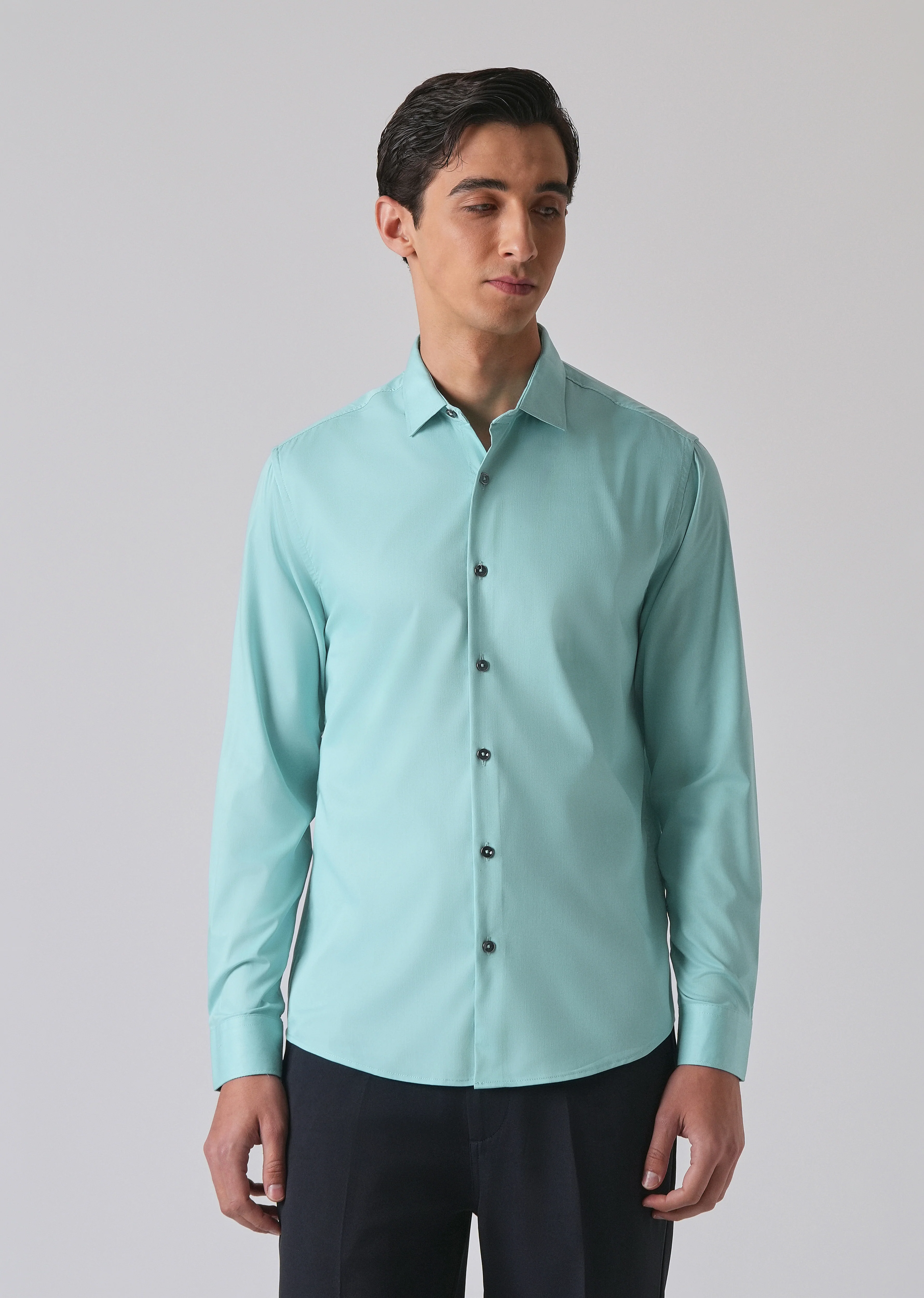 Cyan Green Cotton Stretch Plain Shirt - Image 3