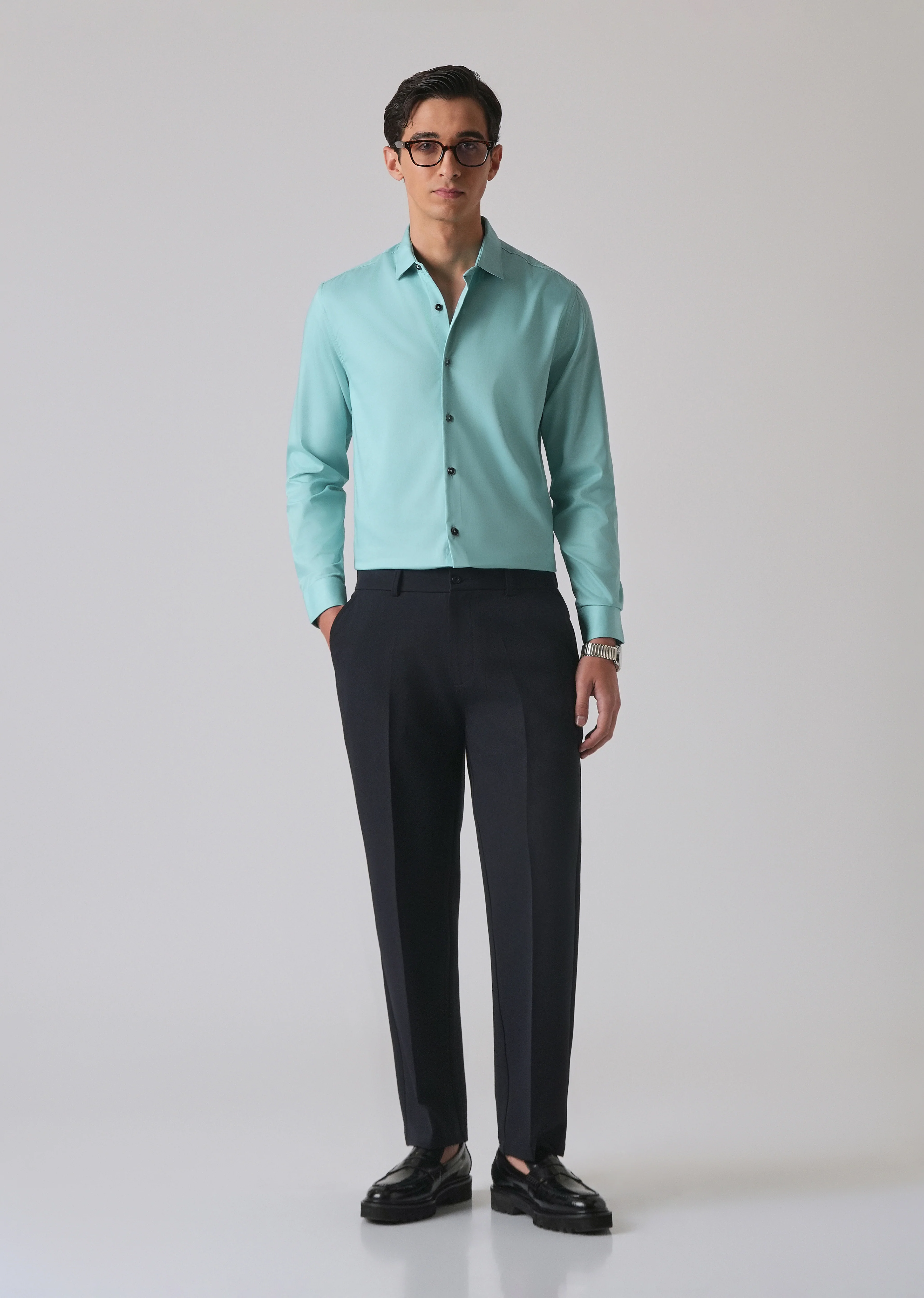 Cyan Green Cotton Stretch Plain Shirt - Image 6