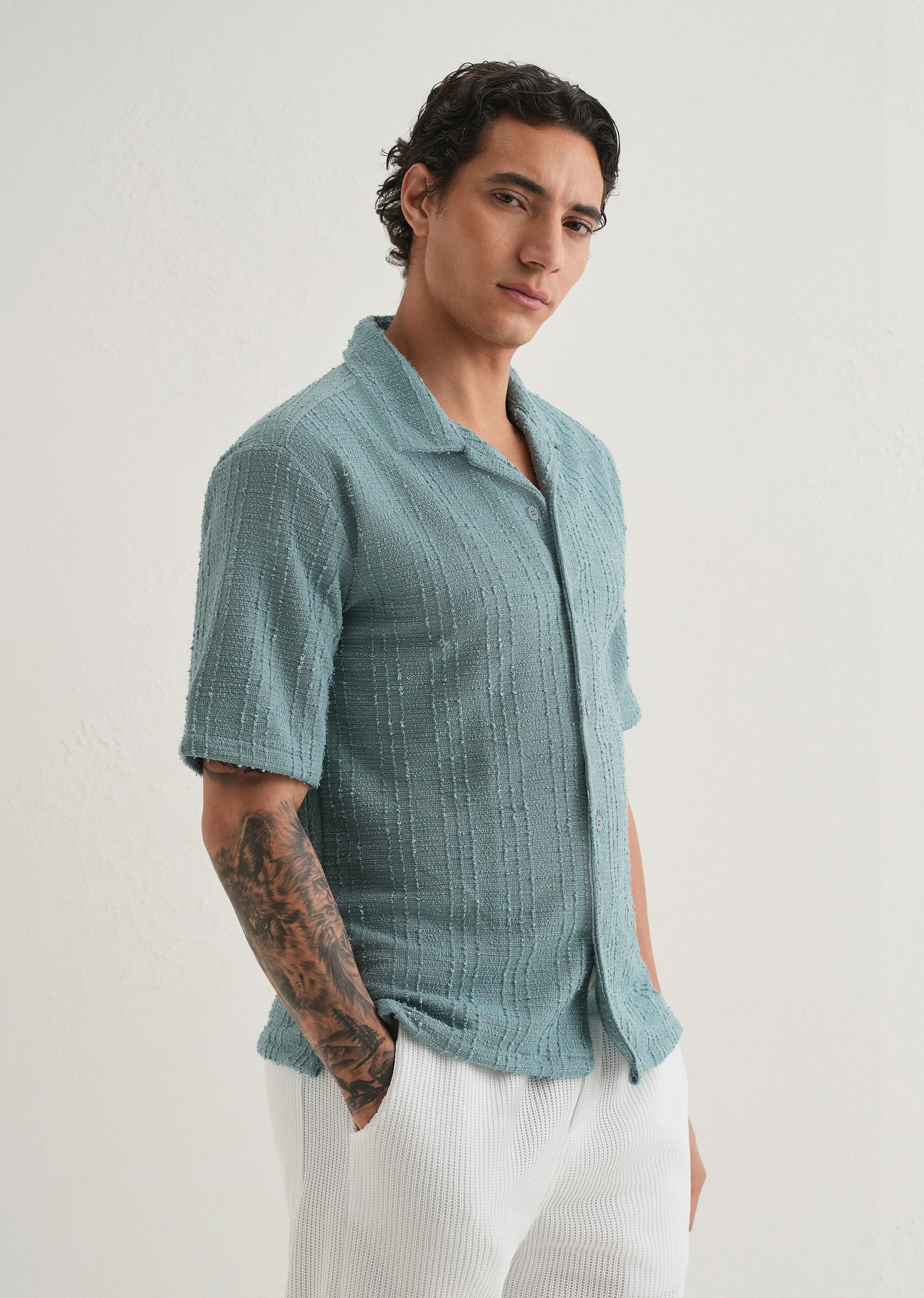 Cyan Plain Cuban Collar Knitted Shirt - Image 4