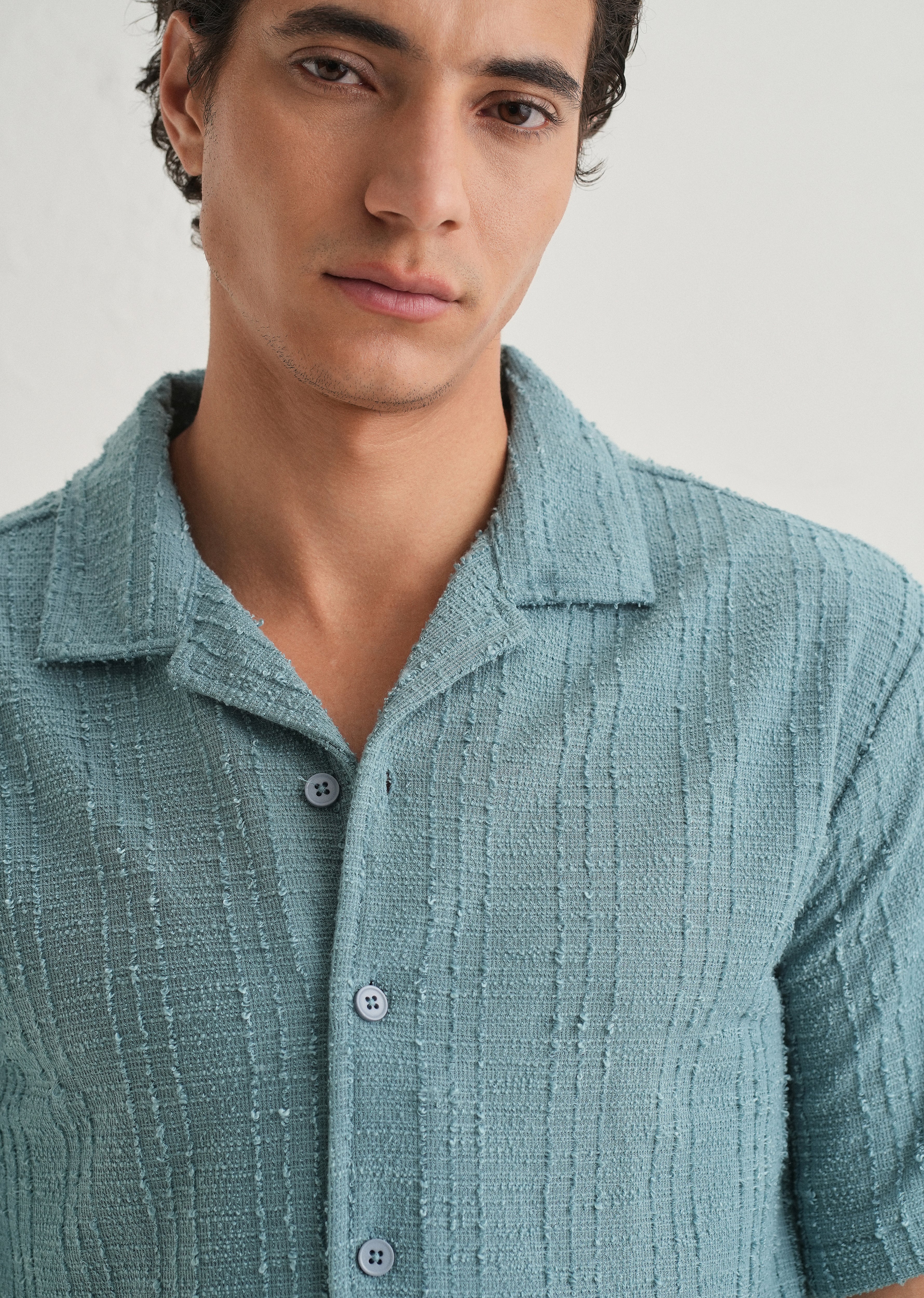 Cyan Plain Cuban Collar Knitted Shirt - Image 5