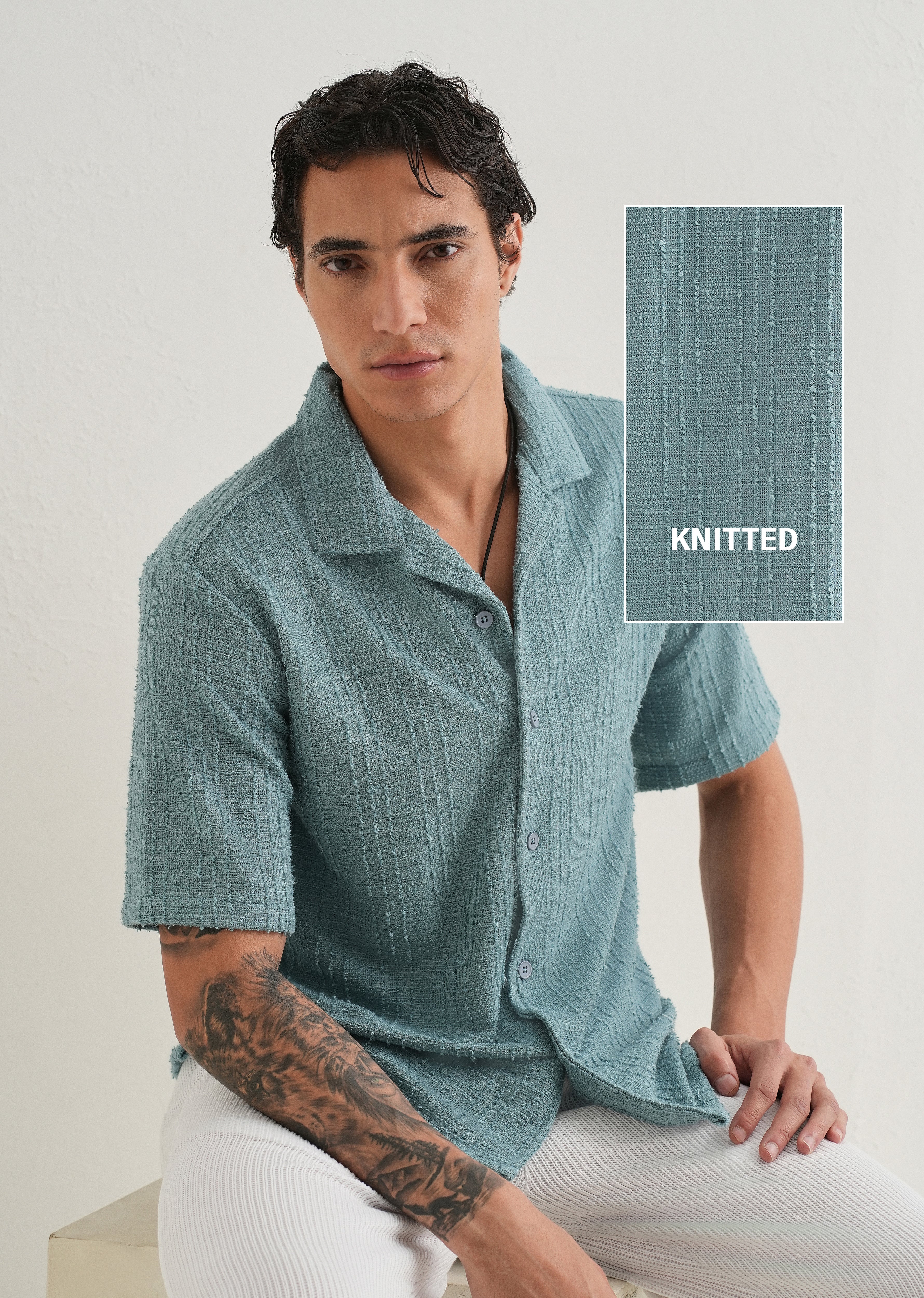Cyan Plain Cuban Collar Knitted Shirt - Image 7