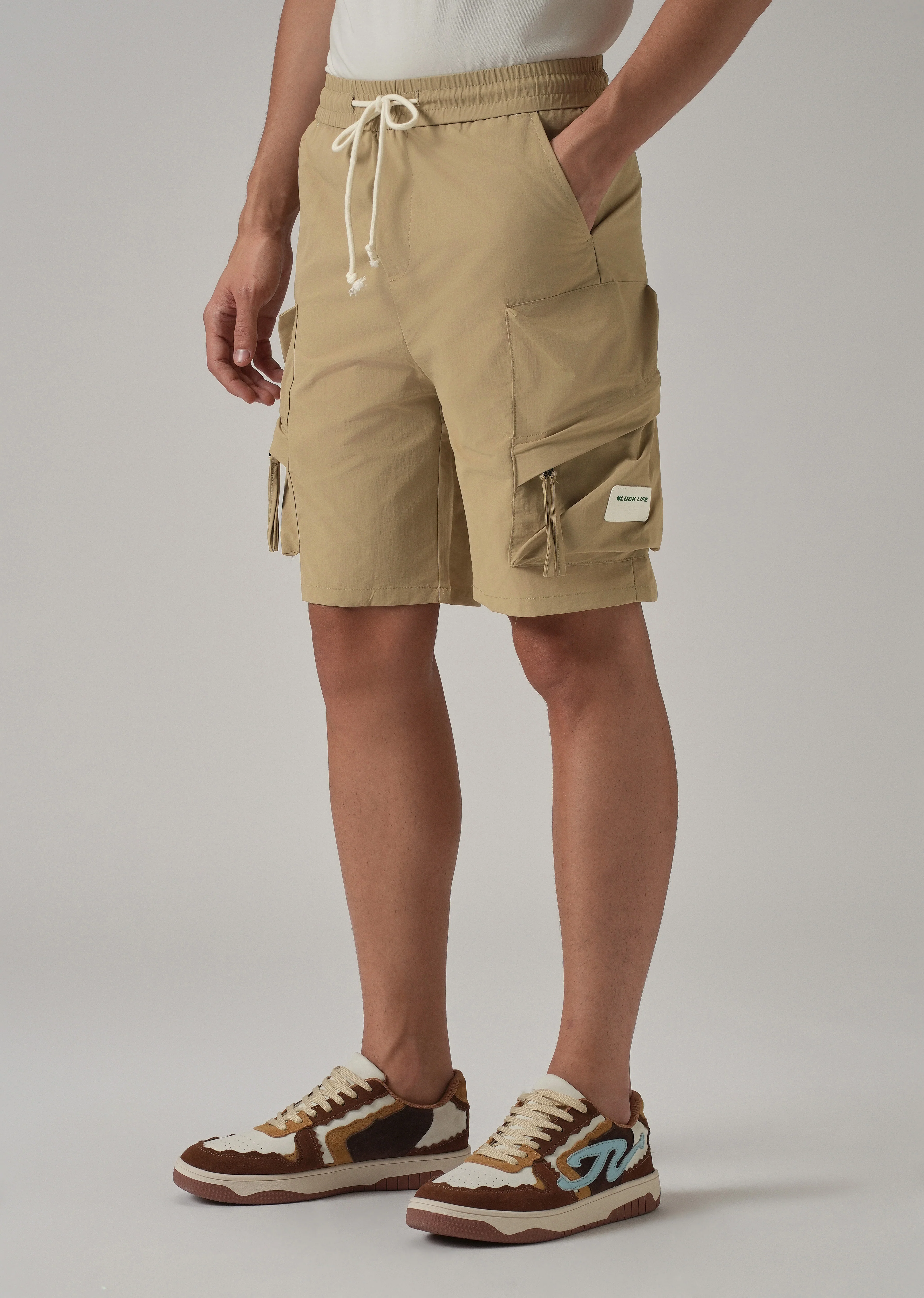 Dark Beige Drawstring Cargo Shorts - Image 4