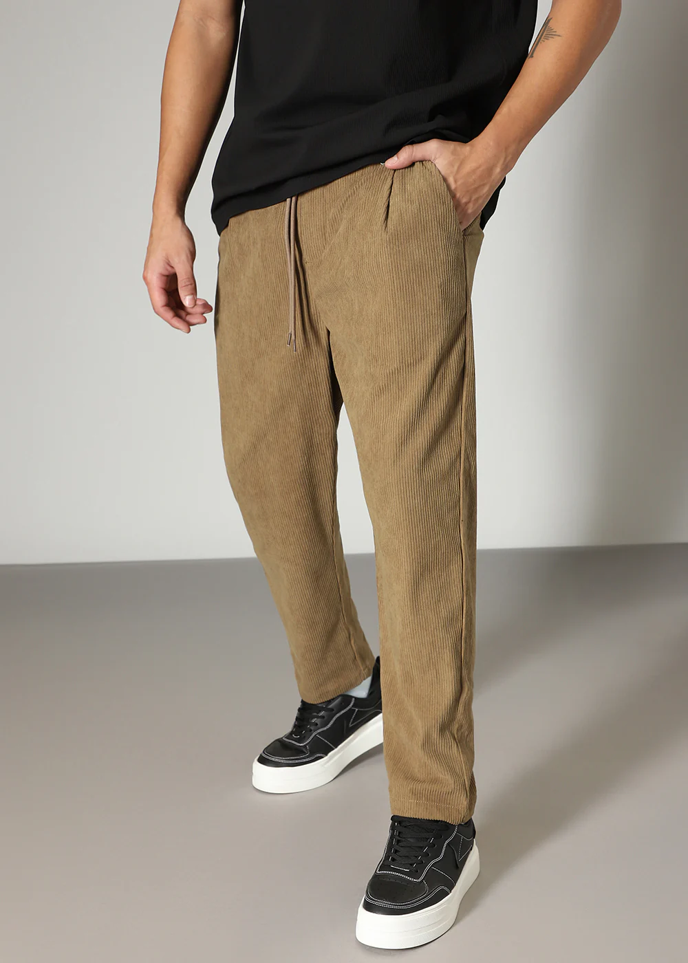 Dark Beige Drawstring Corduroy Pant - Image 3
