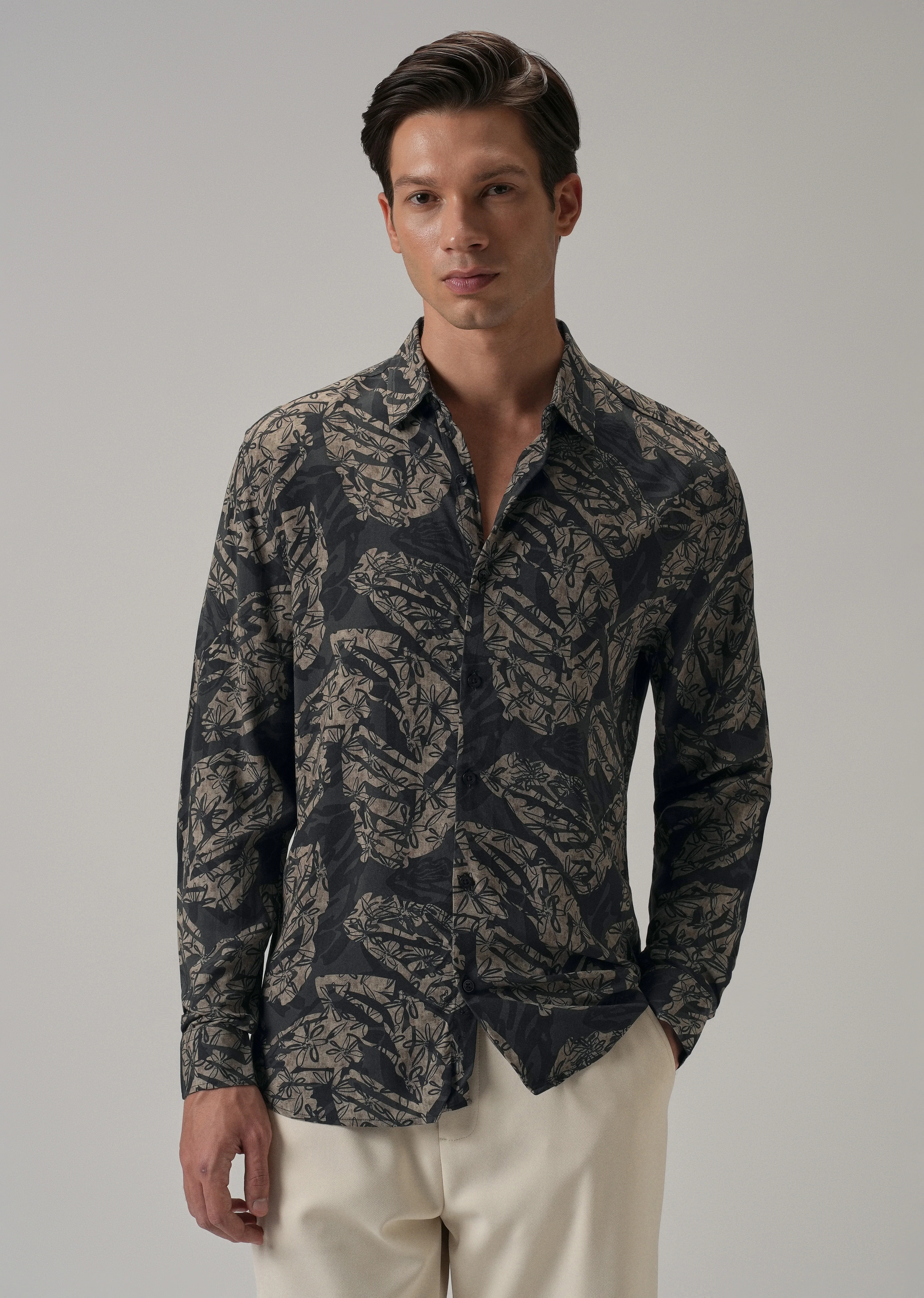 Dark Beige Floral Printed Shirt - Image 3