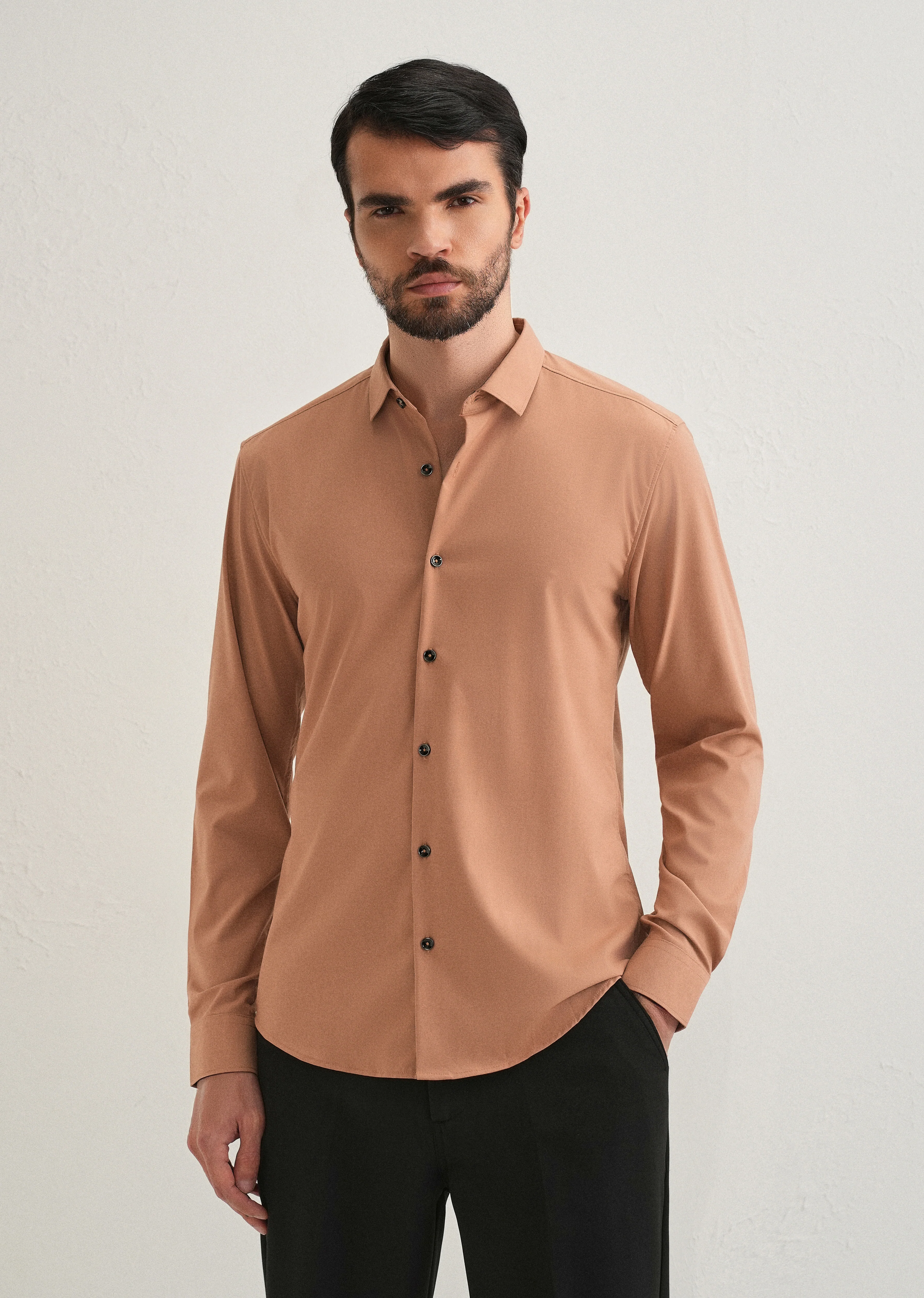 Dark Beige Plain Wrinkle Free Shirt - Image 3