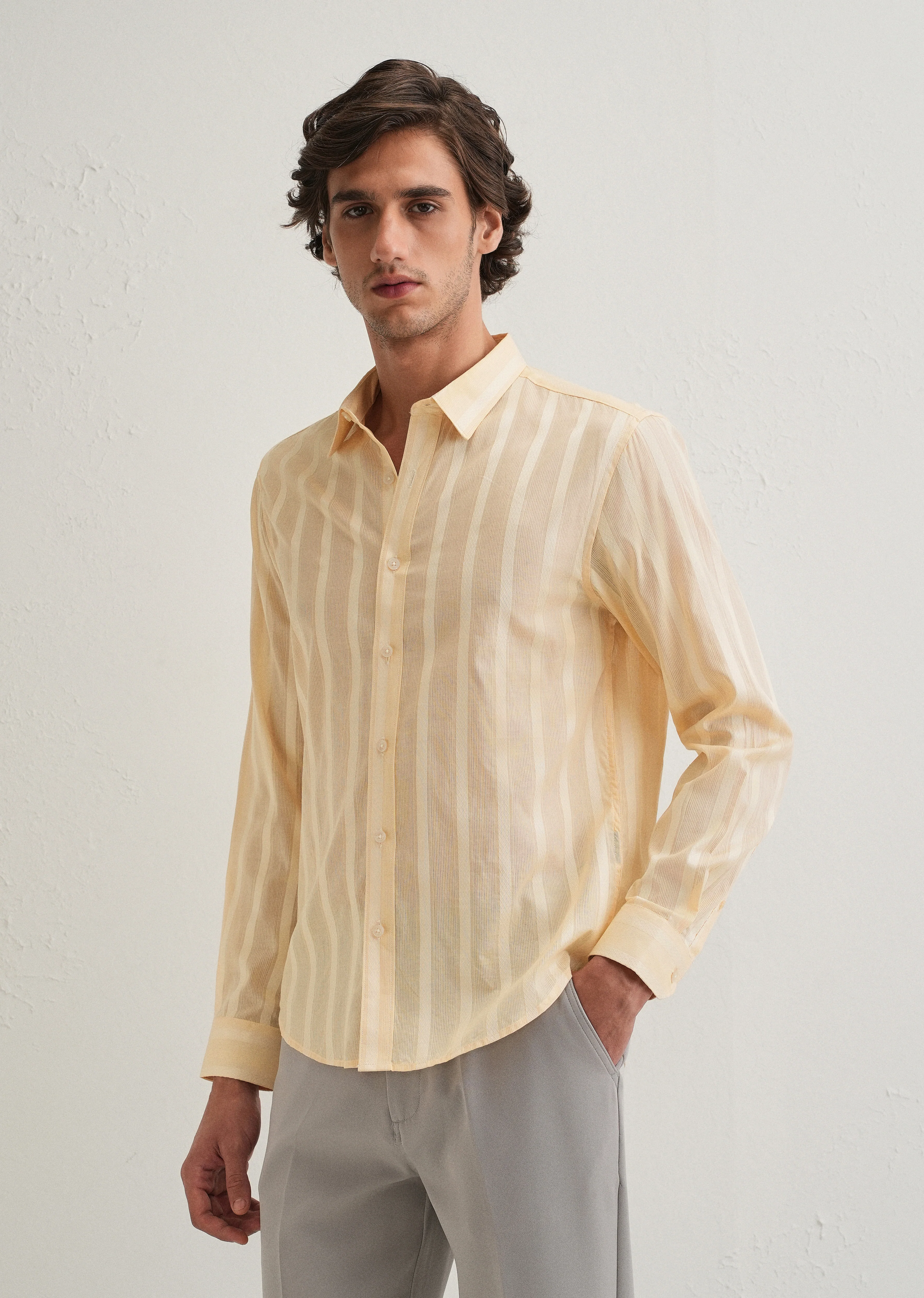 Dark Beige Self Pattern Blended Cotton Shirt - Image 5