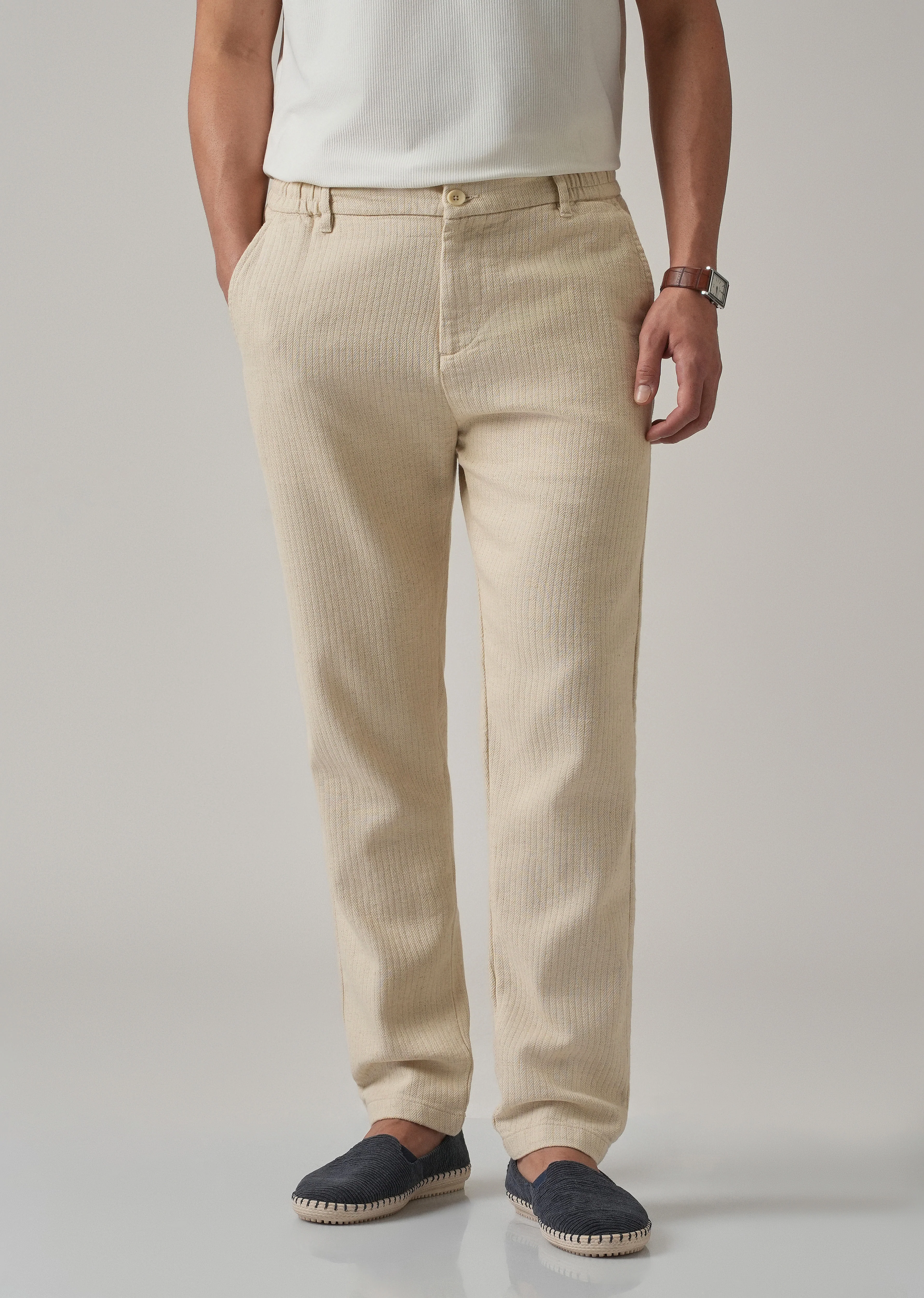 Dark Beige Stripe Blended Linen Pant - Image 7