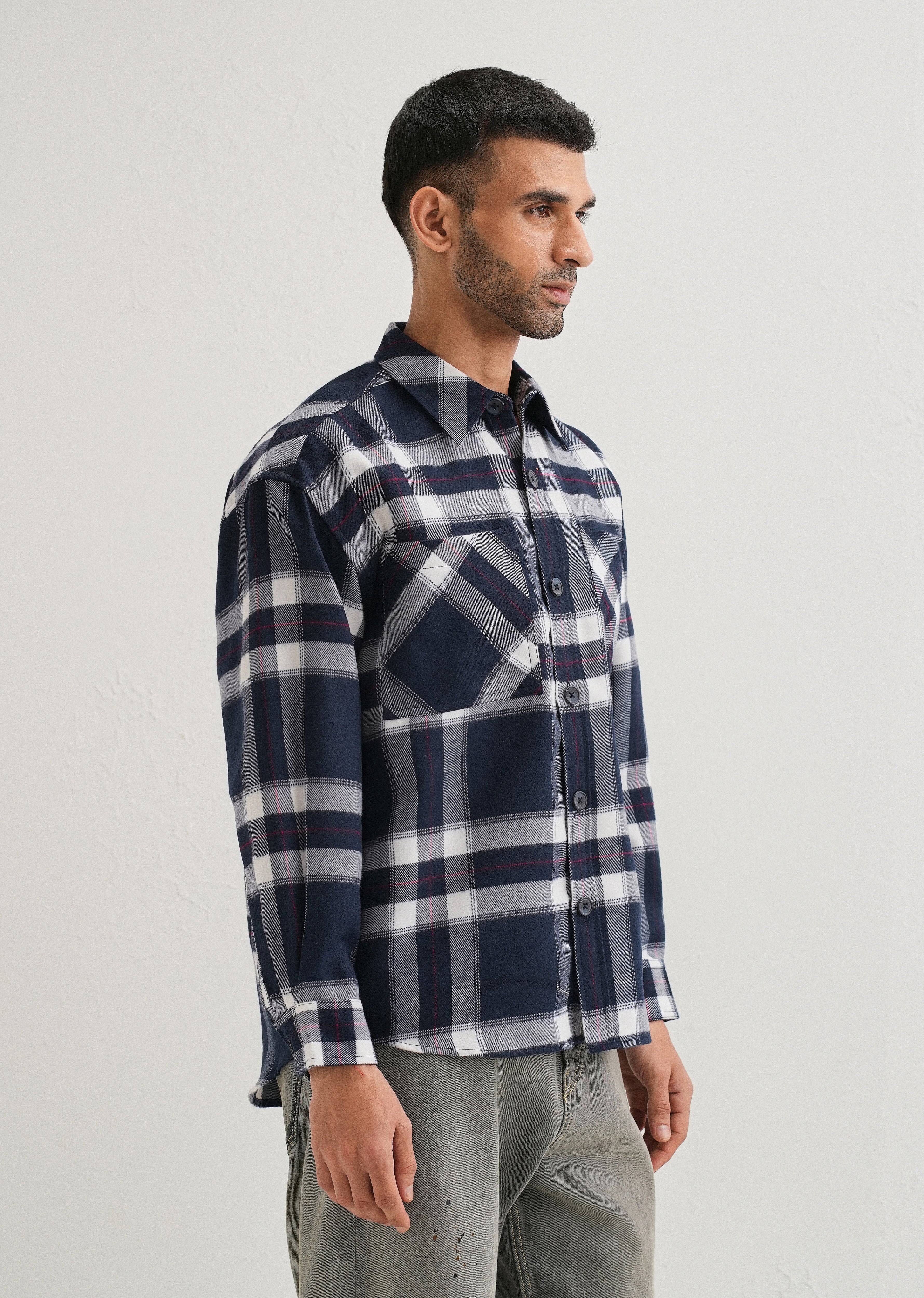 Dark Blue Checked Relaxed Fit Shacket - Image 4
